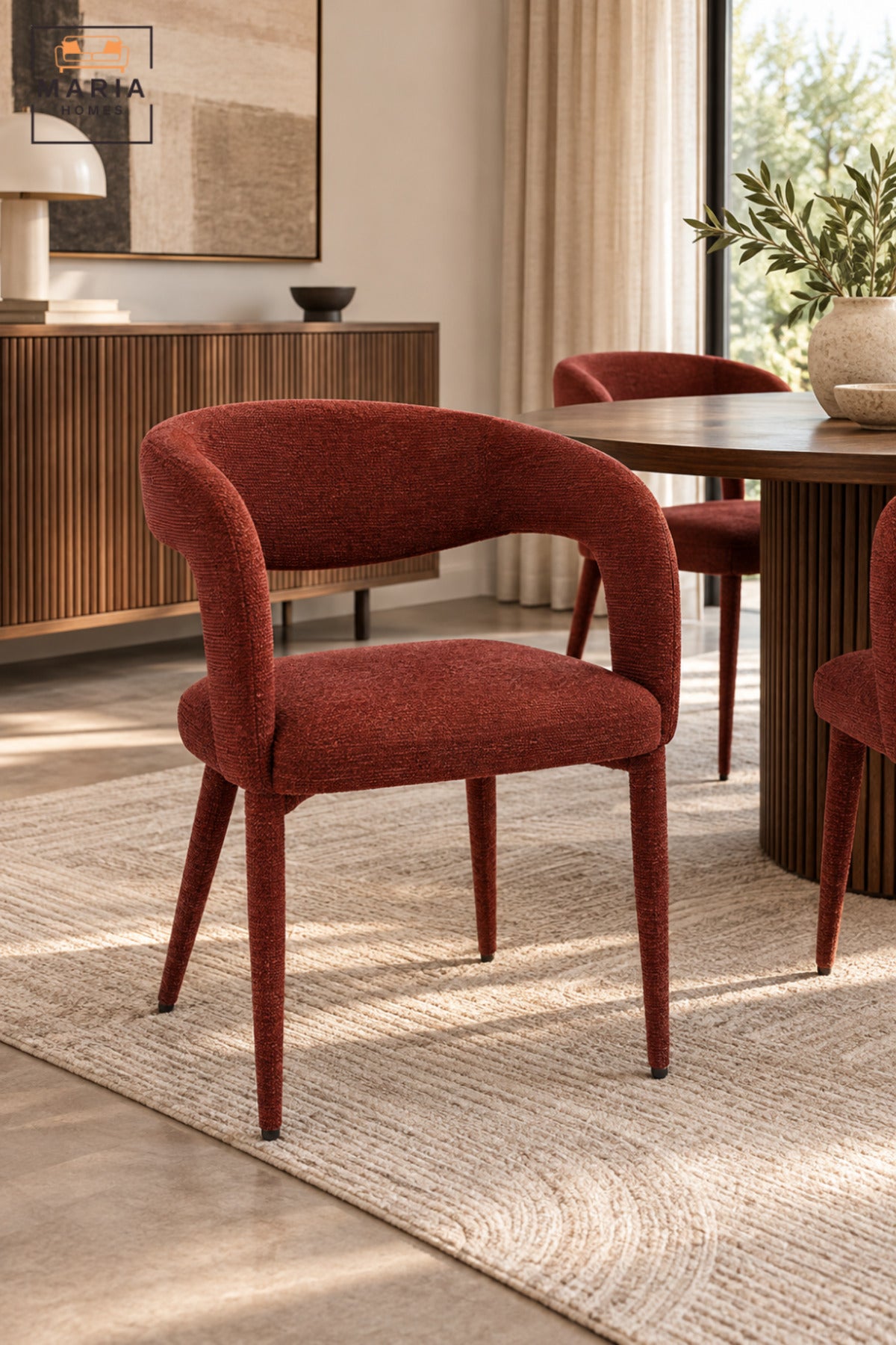 Modern Rust Orange Upholstered Dining Chair with Curved Open Backrest, Padded Seat and Contemporary Design for Dining Room, Kitchen, Café & Restaurant