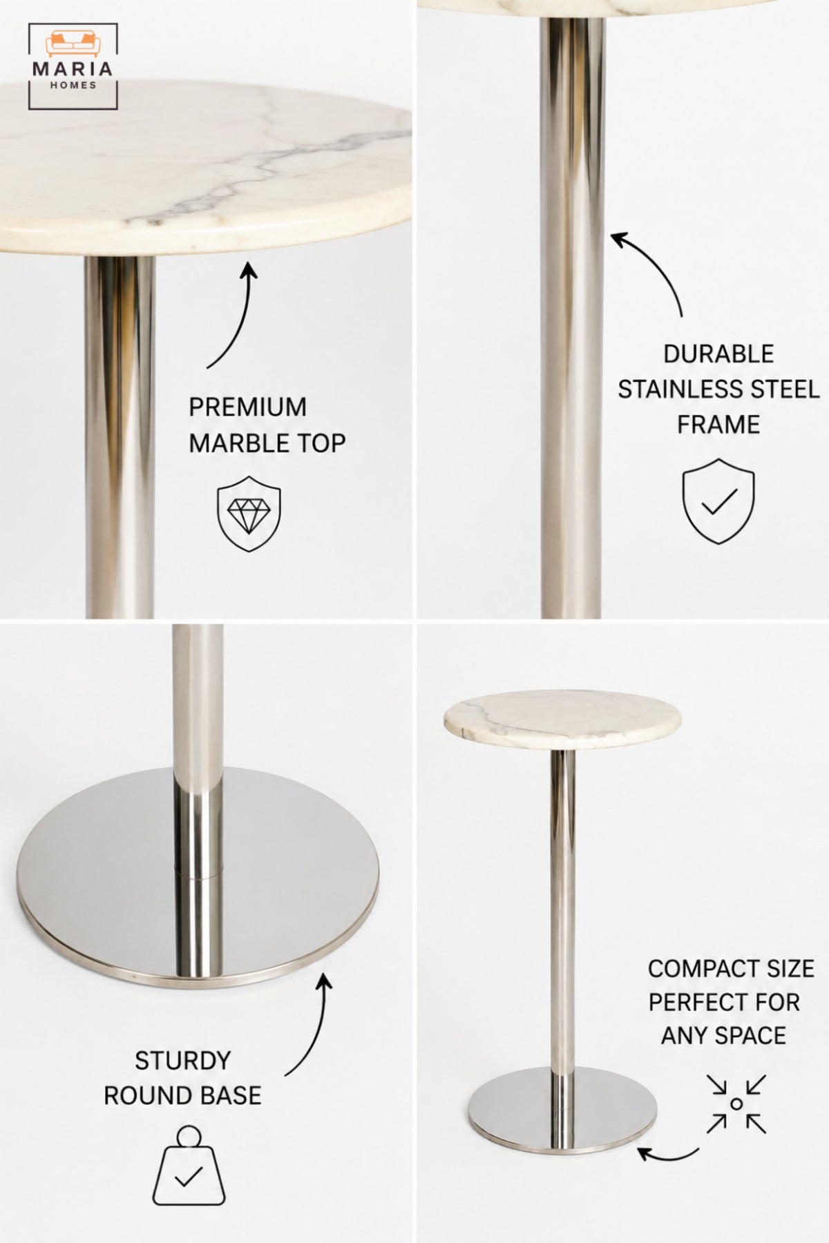 Modern Round Café Table with White Top, Polished Silver Pedestal Base & Minimalist Design, Bistro Table for Coffee Shop Restaurant Dining Area, 60 x 35 CM