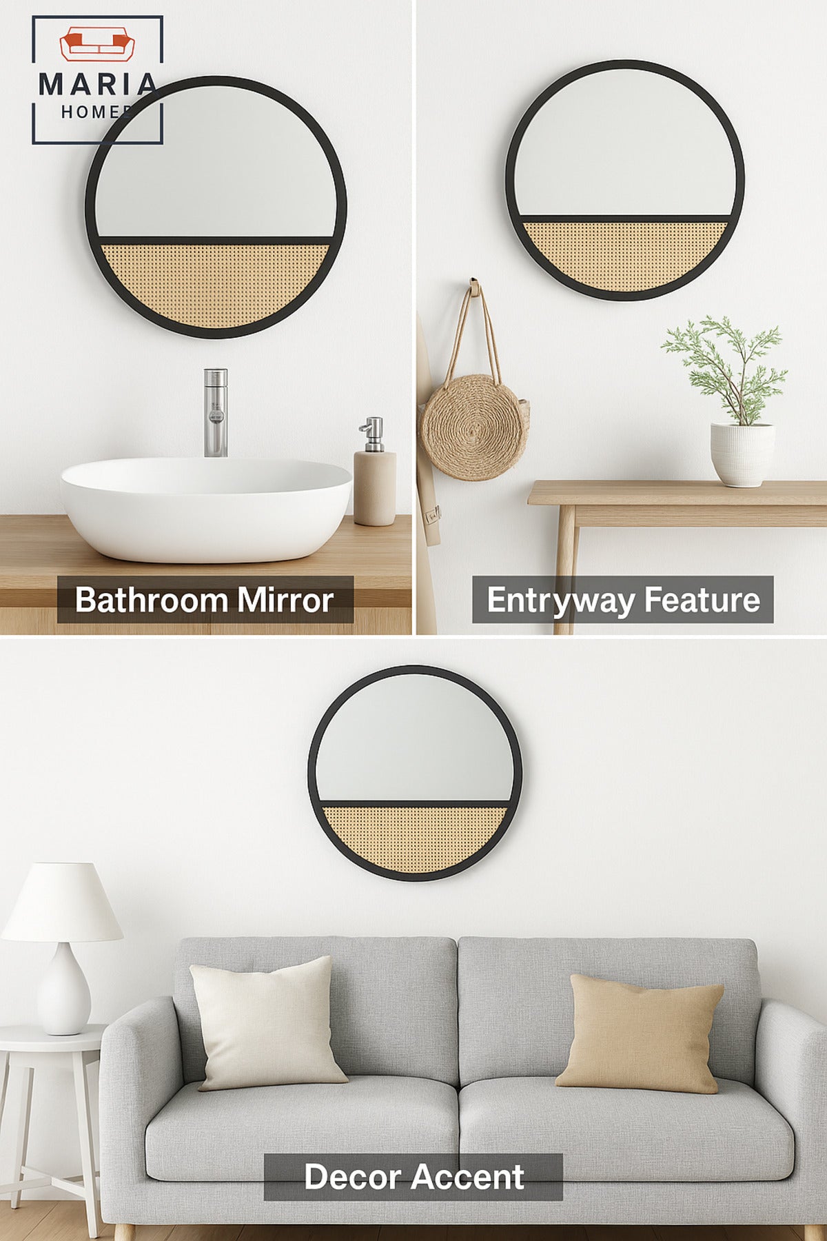 Round Wall Mirror 80cm Ð Black Wood Frame With Rattan Accent