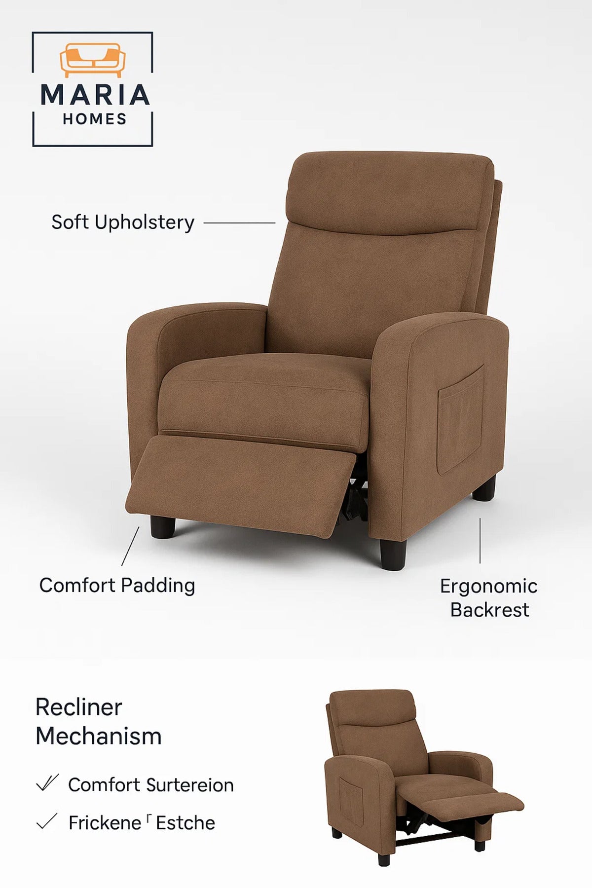 Modern Brown Recliner Chair with Footrest Ð Soft Fabric Relax Chair for Living Room