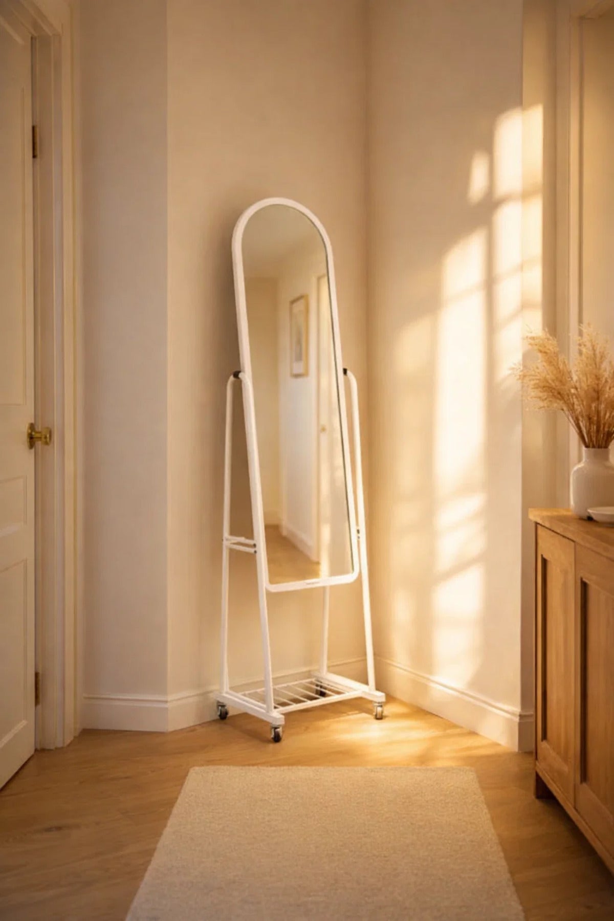 White Full Length Standing Mirror with Wheels and Shelf Adjustable Angle Arched Metal Frame Decor