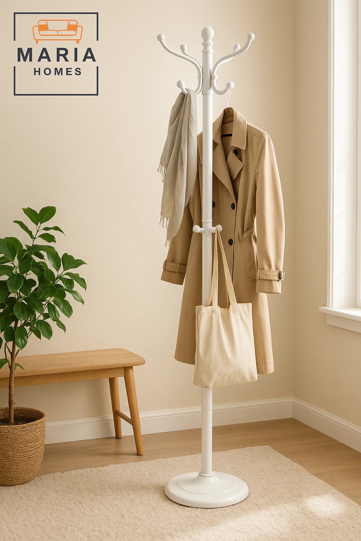 White Standing Coat Rack with Rounded Hooks and Stable Circular Base
