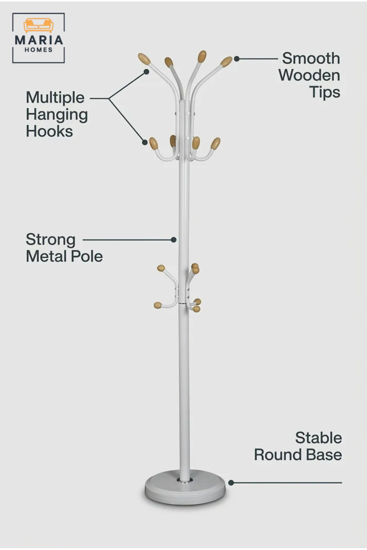 Freestanding Coat Rack with Multiple Hooks and Round Base, Floor-Standing Clothes Hanger for Jackets, Hats, Bags, Scarves, Bedroom and Entryway