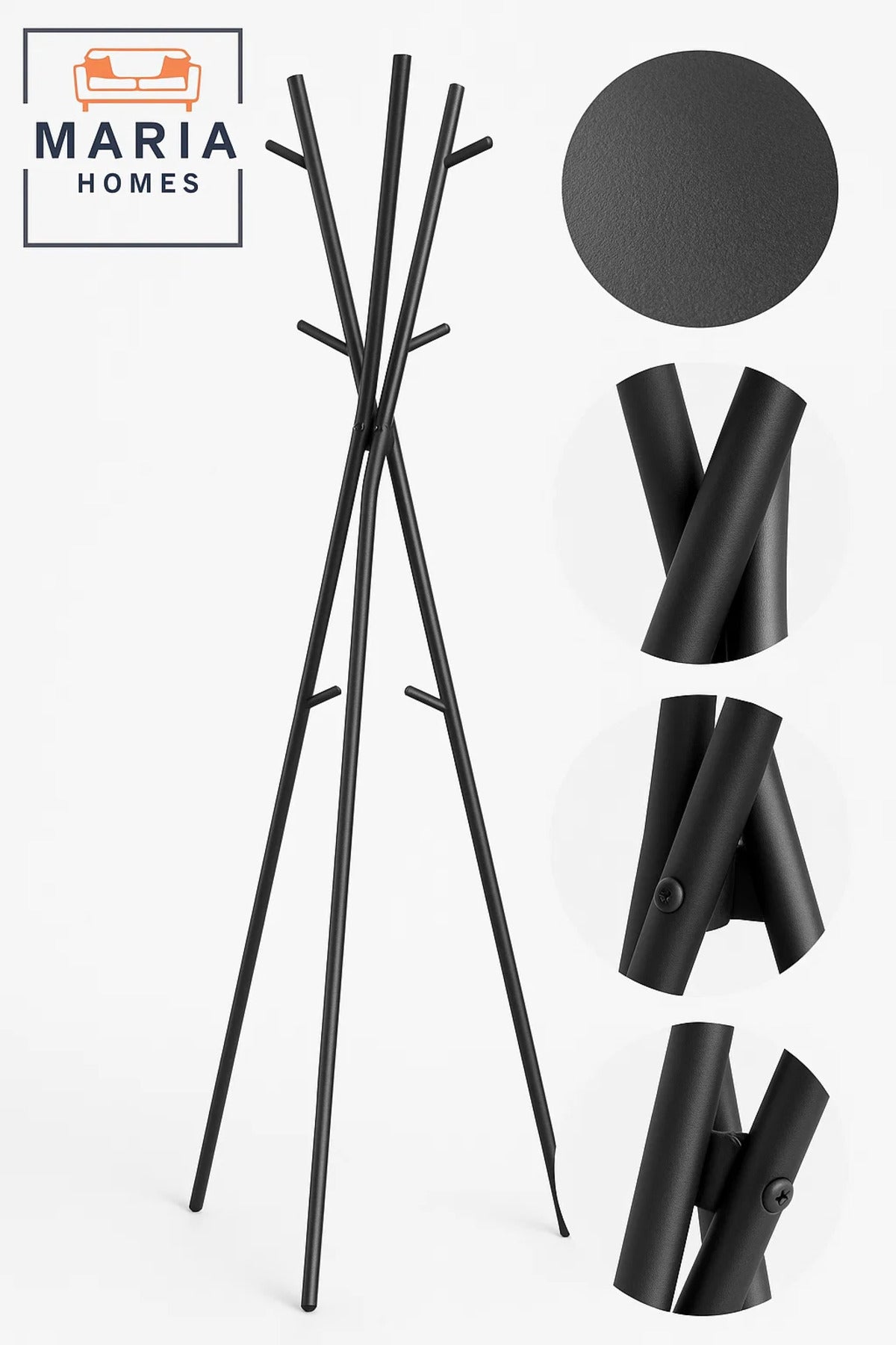Tripod-Style Black Metal Coat Rack with Angled Hooks