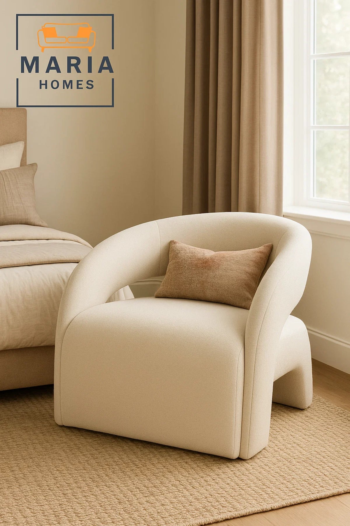 Curved Accent Chair Boucle Fabric Upholstery color Beige Modern Armless Lounge Chair for Living Room