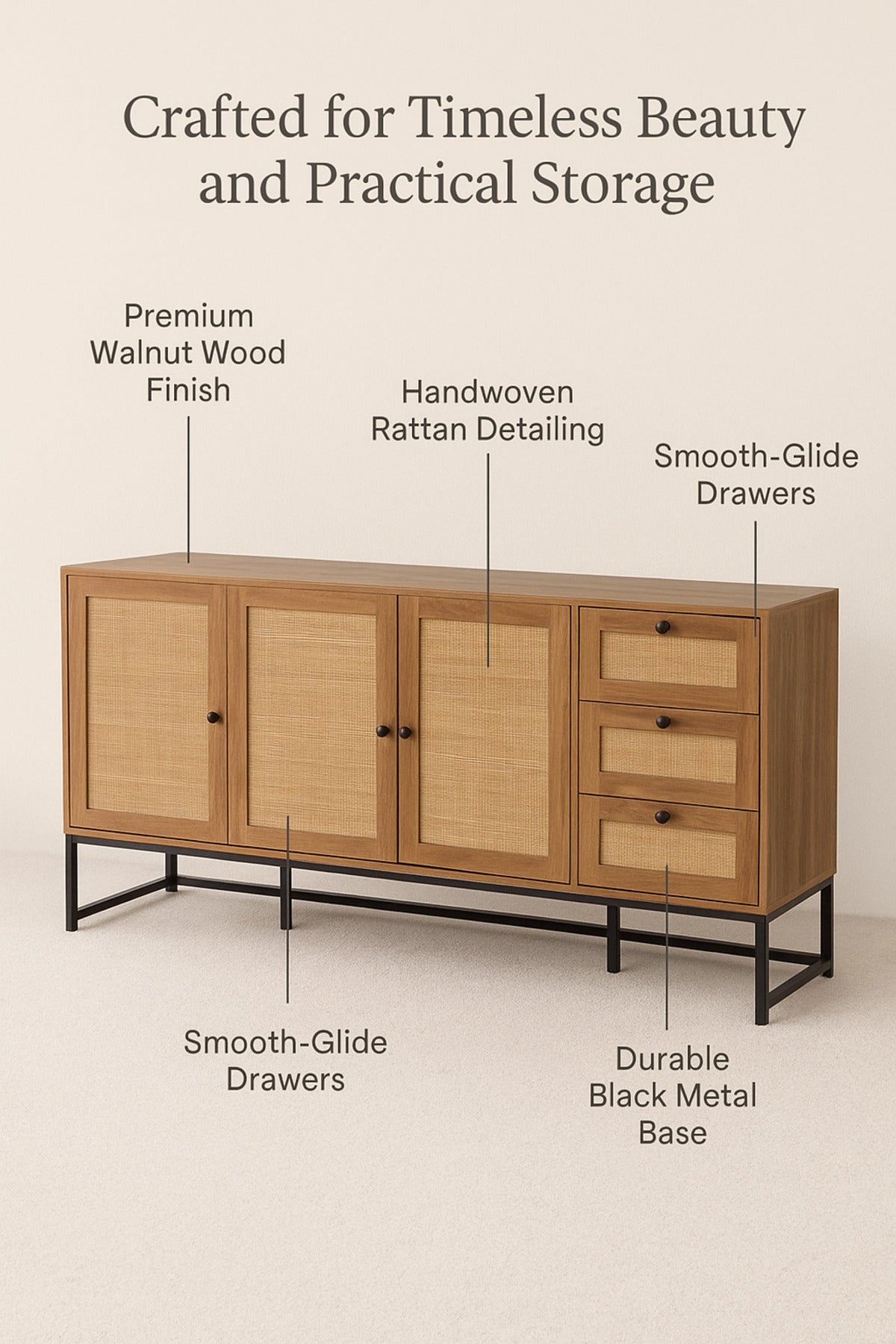 Walnut Rattan Console Table 160_40_85 cm Ð Modern Wooden 4-Door Storage Cabinet with 3 Drawers
