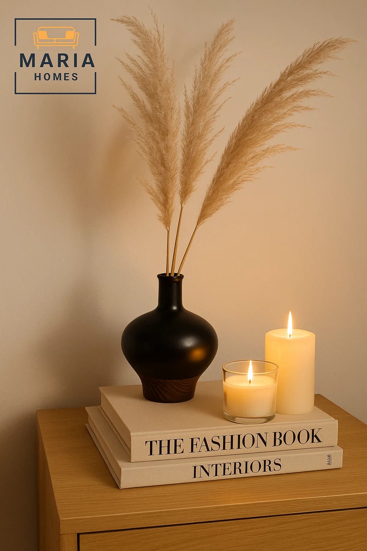 Contemporary Black Ceramic Vase with Wood-Tone Base Ð Rounded Neck Design