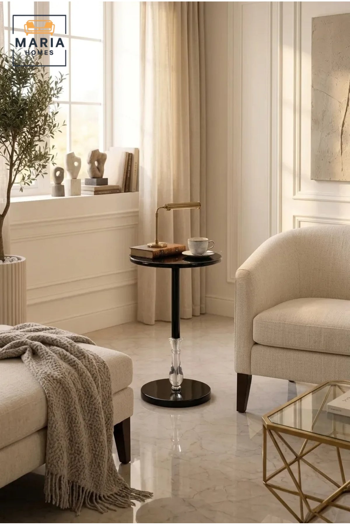 Modern Round Side Table with Black Finish and Crystal Accent Base