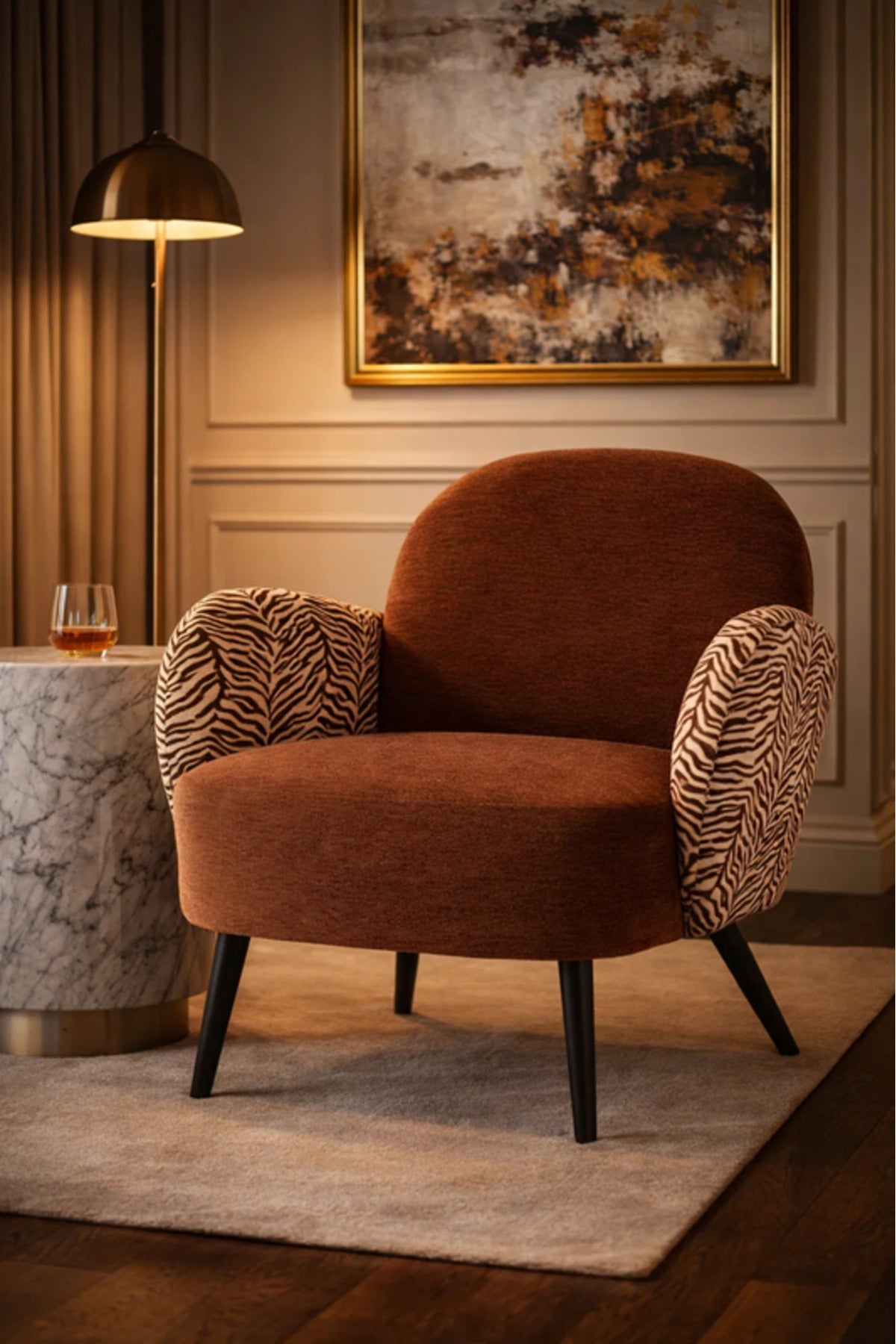 Modern Brown Upholstered Accent Armchair with Patterned Armrests Living Room Chair