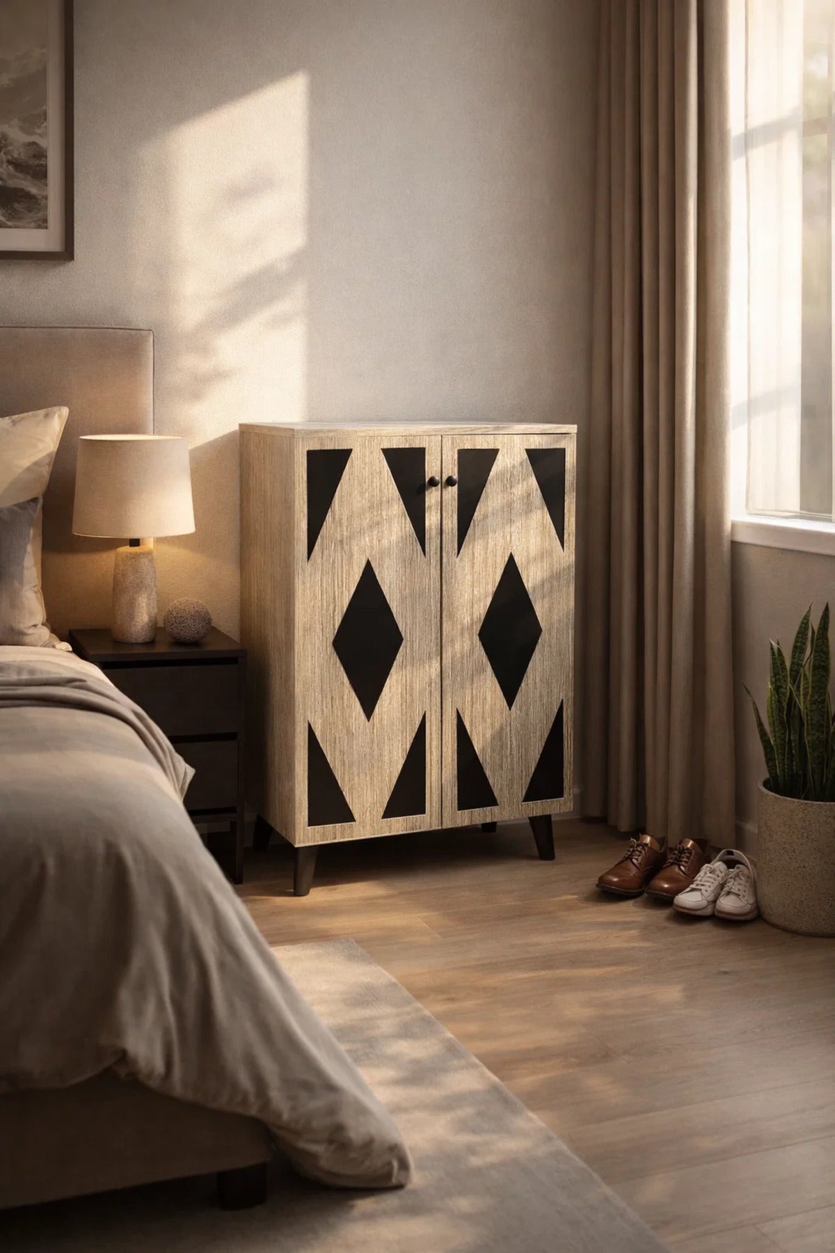 Stylish Beige Shoe Cabinet with Black Geometric Design Double Door Entrance Organizer Storage Stand