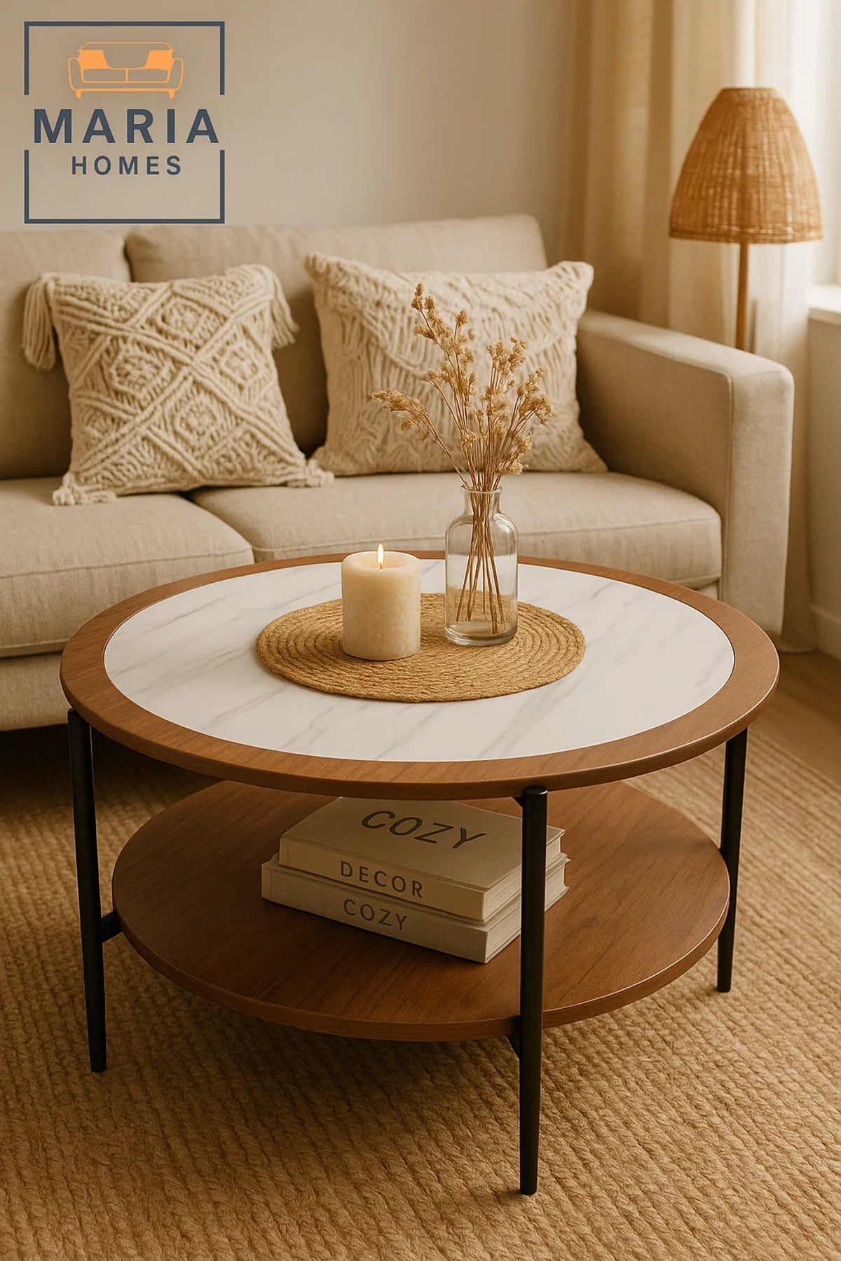 Center Table White With Marble Style Top And Walnut Round Coffee Table With Dual Shelf
