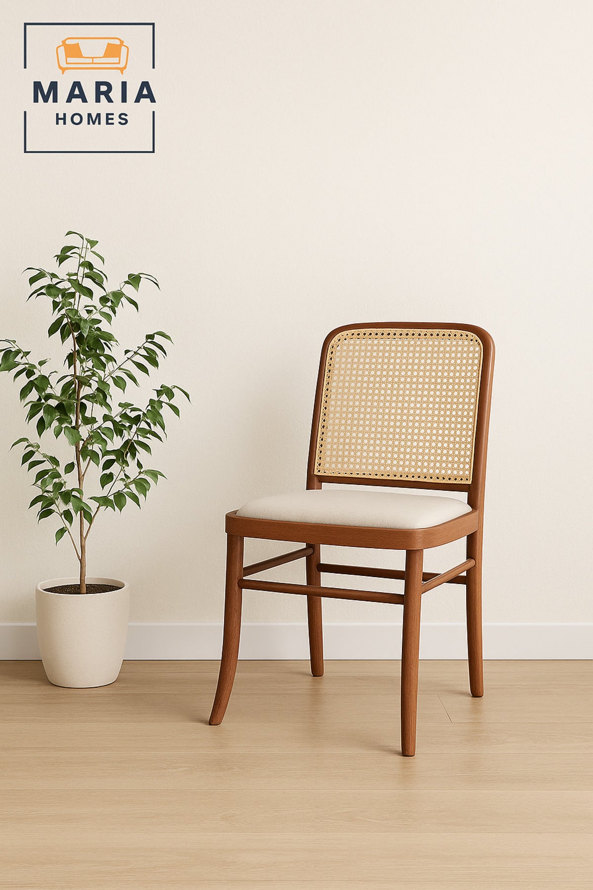 Elegant Walnut Dining Chair with Cane Backrest and Cushioned Seat
