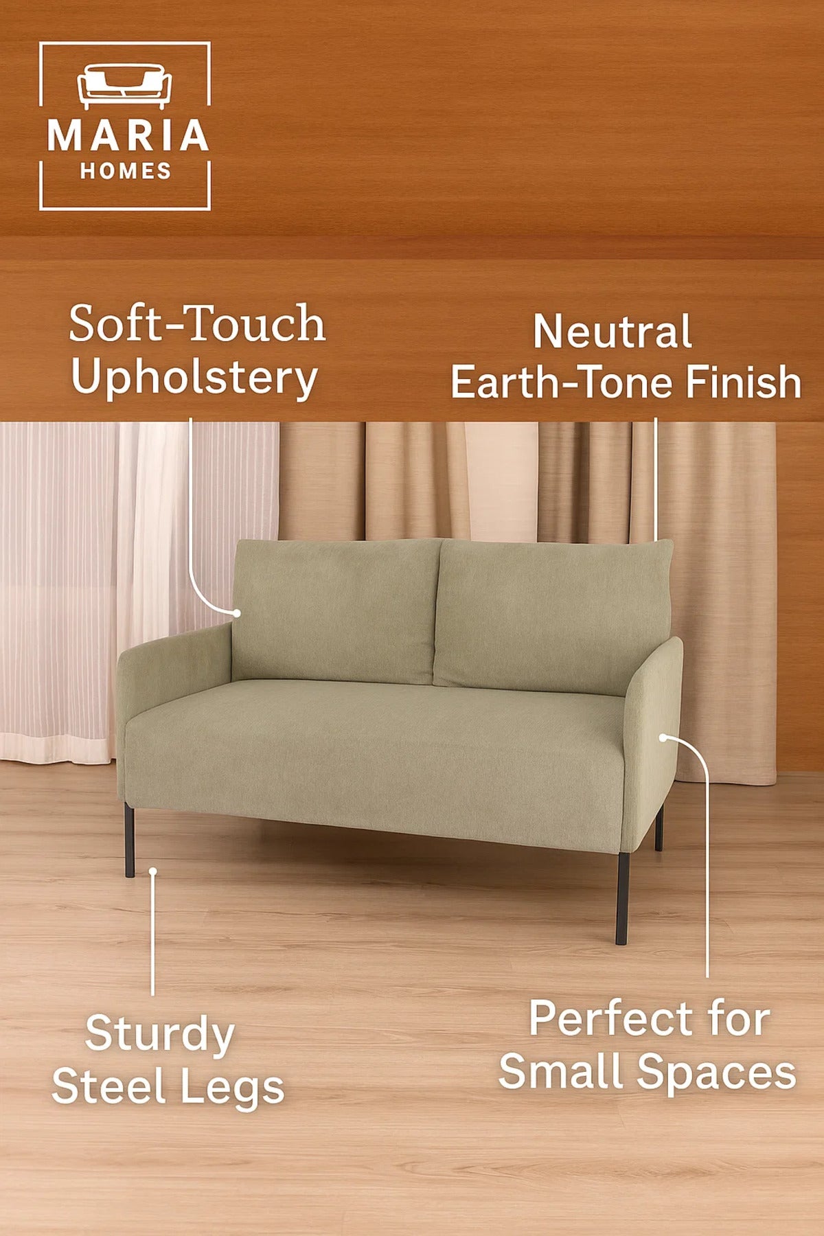 LAST HOME Modern 2-Seater Sofa Ð Olive Green Upholstery with Slim Black Legs