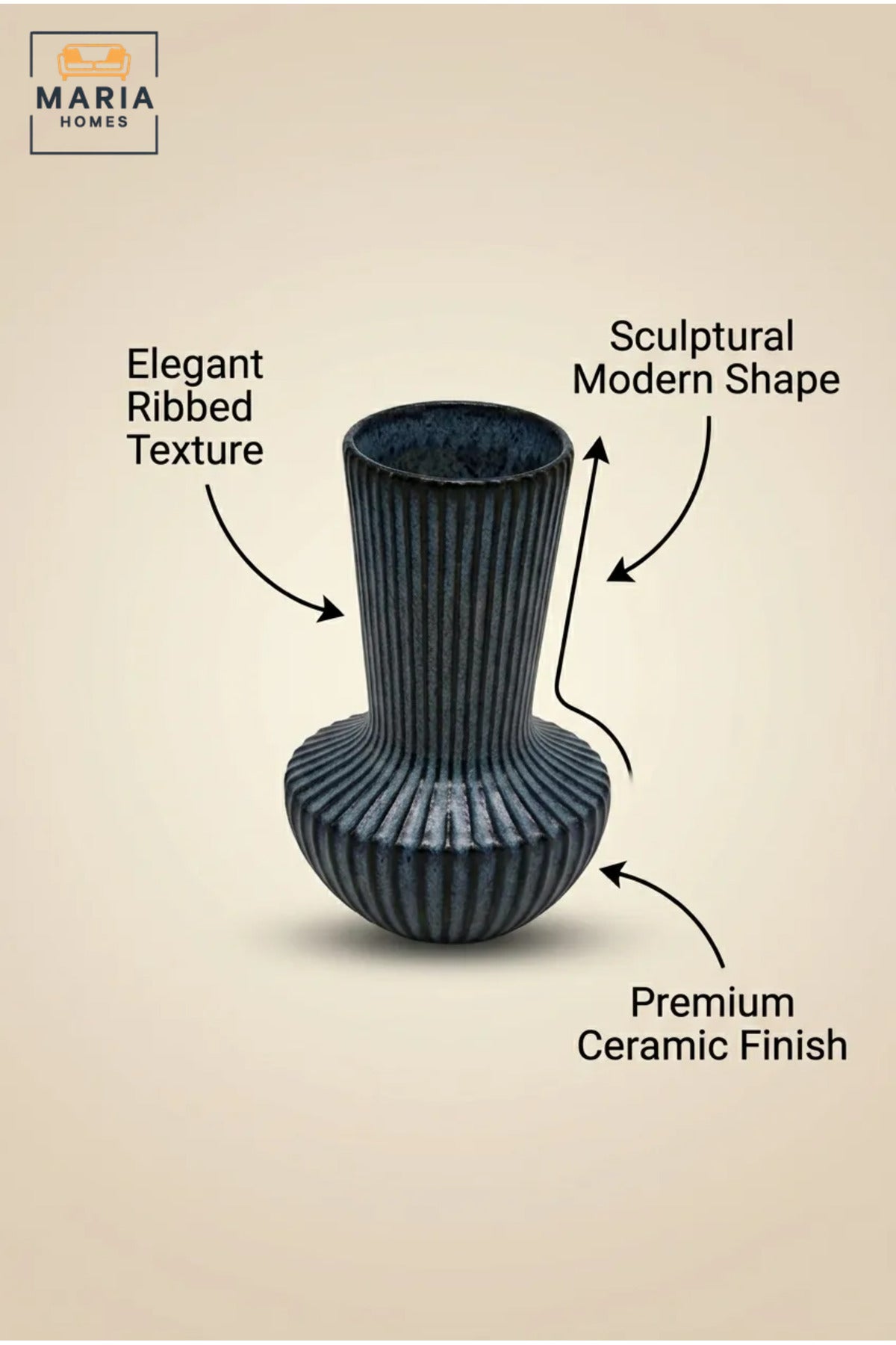 Blue Ribbed Decorative Vase, Modern Fluted Flower Holder with Rounded Base for Dried Flowers, Living Room, Bedroom, Office, Shelf and Table Décor