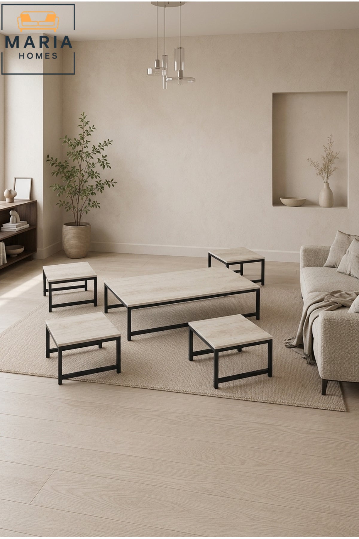 5-Piece Coffee Table Set with Side Tables √ê Modern Living Room Table Set, Light Wood Finish & Black Metal Frame