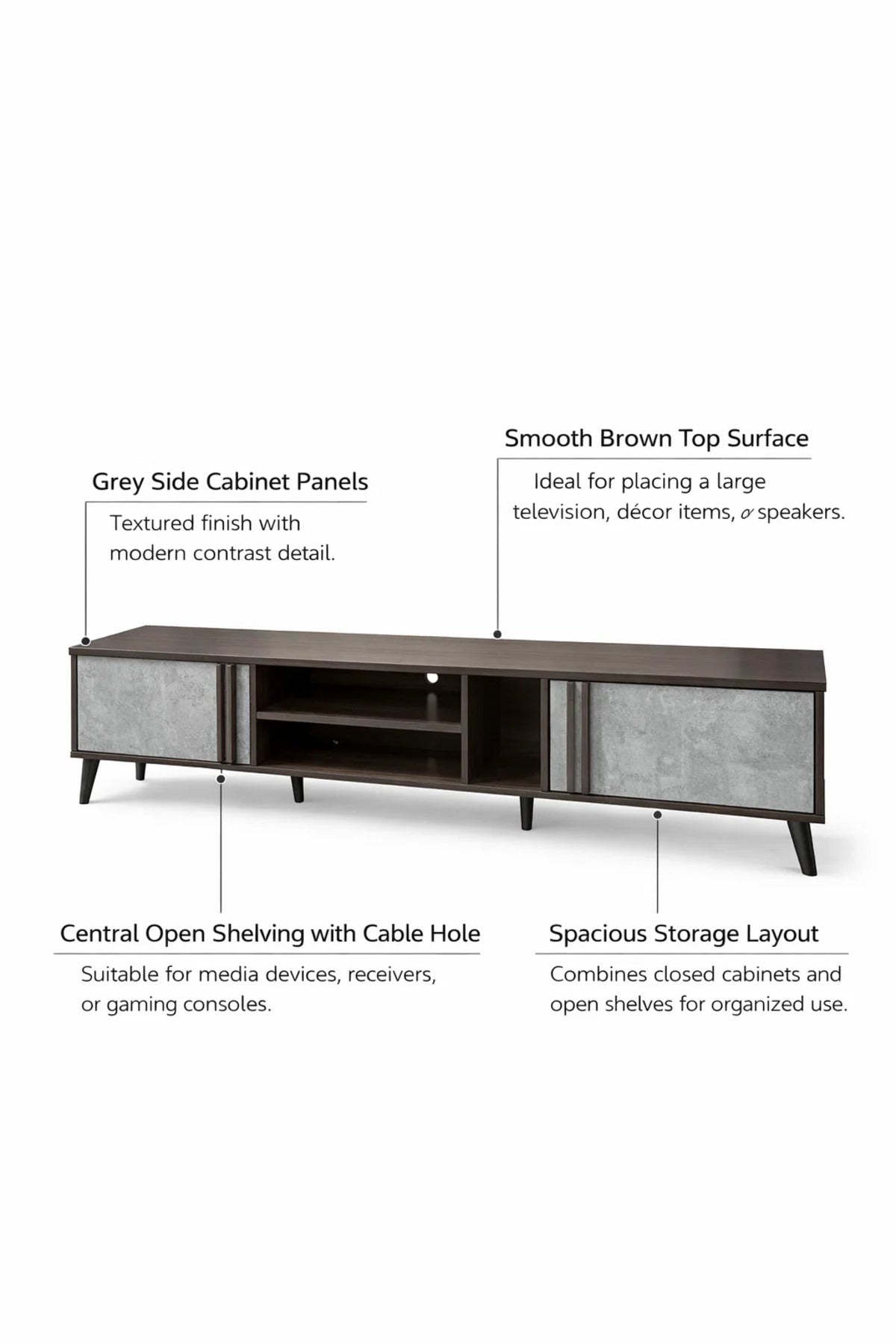 Brown & Grey TV Stand √ê 200x40x45 cm Modern Plasma Table with Cabinets & Shelves