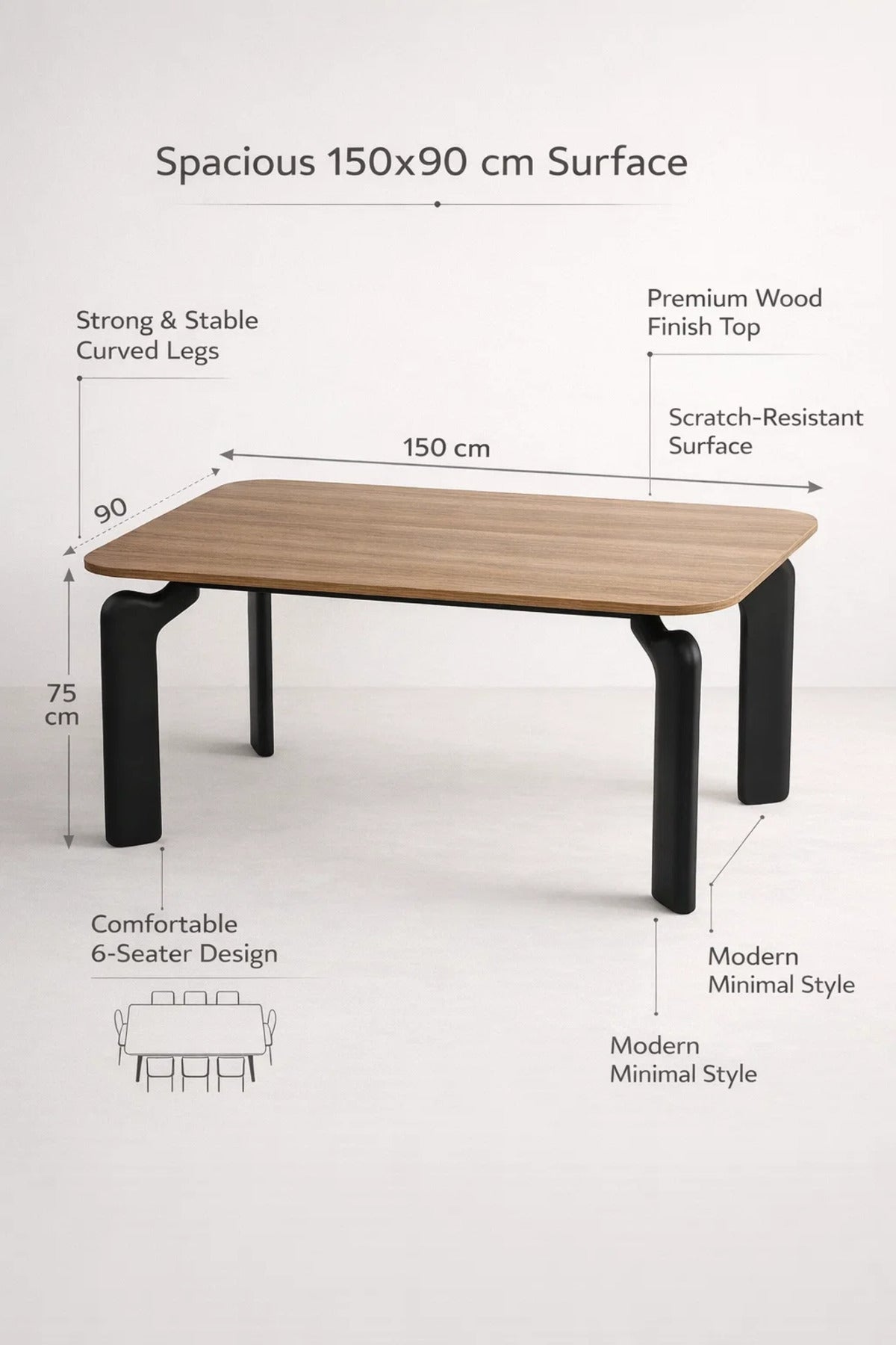Modern Brown Dining Table Ð 150_90_76 cm | Elegant Wooden Top Table with Curved Black Legs