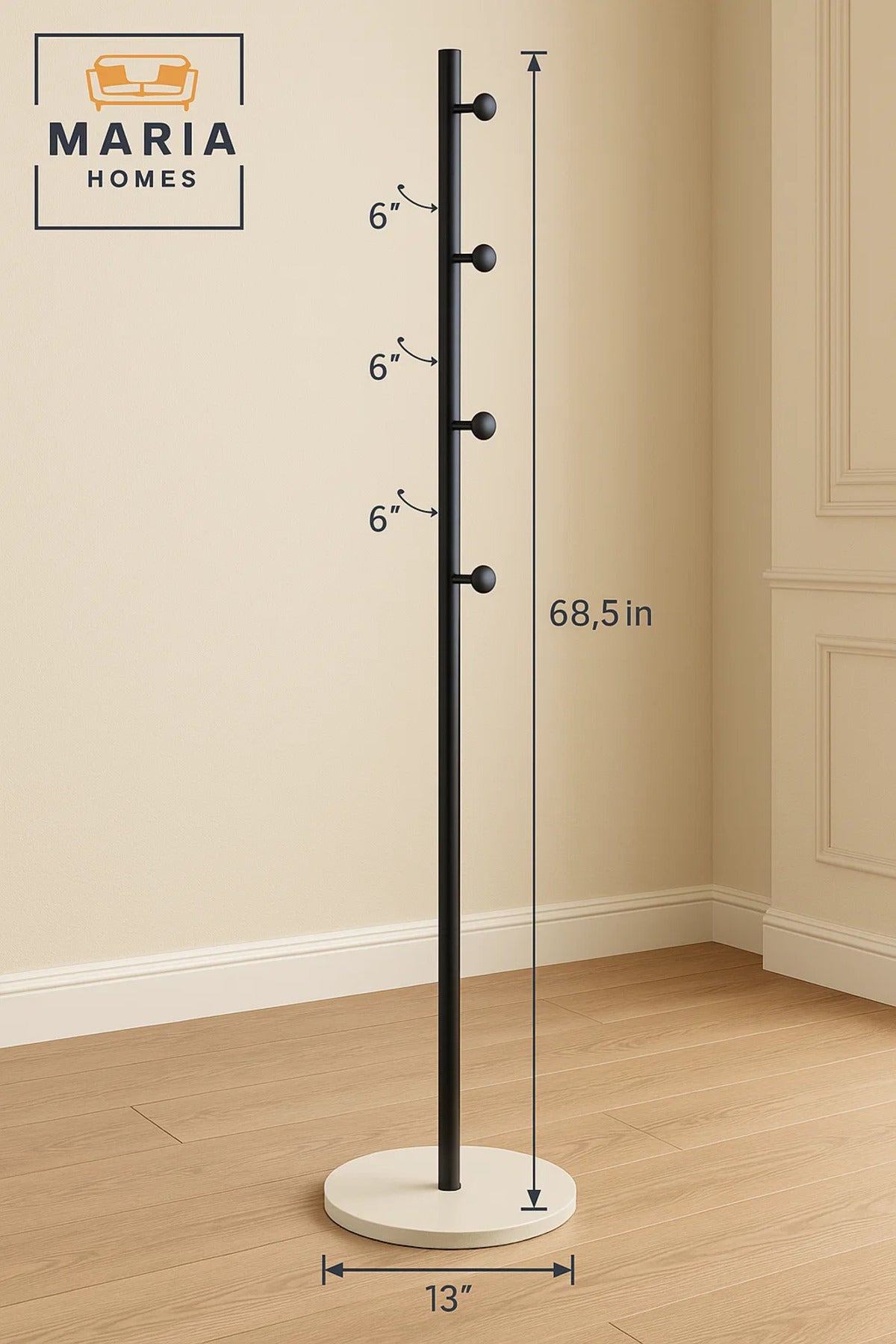 Black Modern Coat Rack with Rounded Hooks and Marble Base