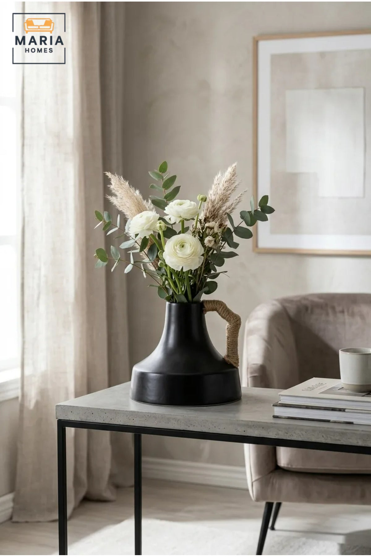 Modern Decorative Flower Vase with Rope-Wrapped Handle, Wide Rounded Base and Narrow Neck for Living Room, Bedroom, Office, Shelf and Console Décor