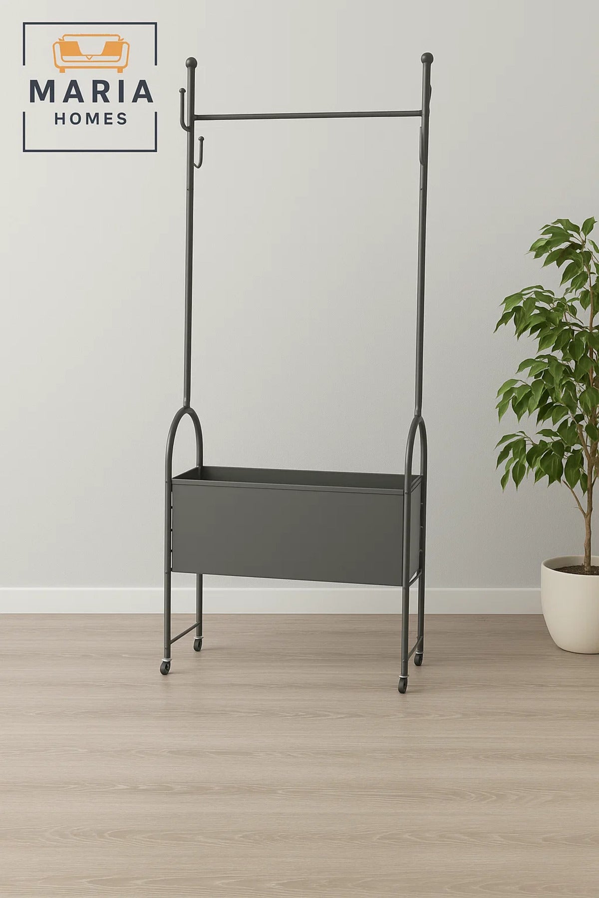 Industrial Black Rolling Garment Stand with Storage Bin