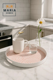 Round Plastic Serving Tray with Pink Abstract Line Pattern and Cutout Handles