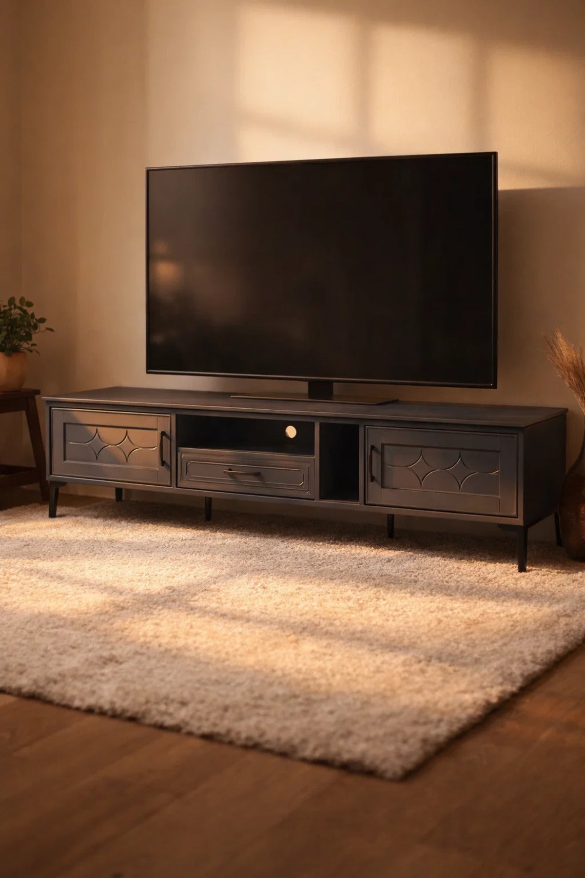 Dark Grey TV Unit 200cm Wide Modern Media Cabinet with Geometric Doors and Storage for Living Room