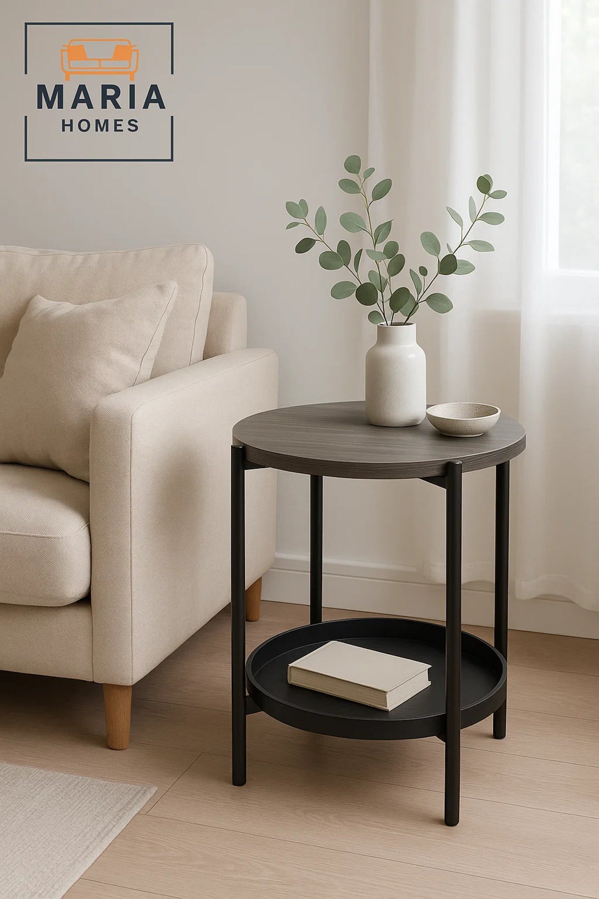 Modern Dark Grey Side Table √ê Round Coffee Table with Black Storage Shelf 40_40_55 cm