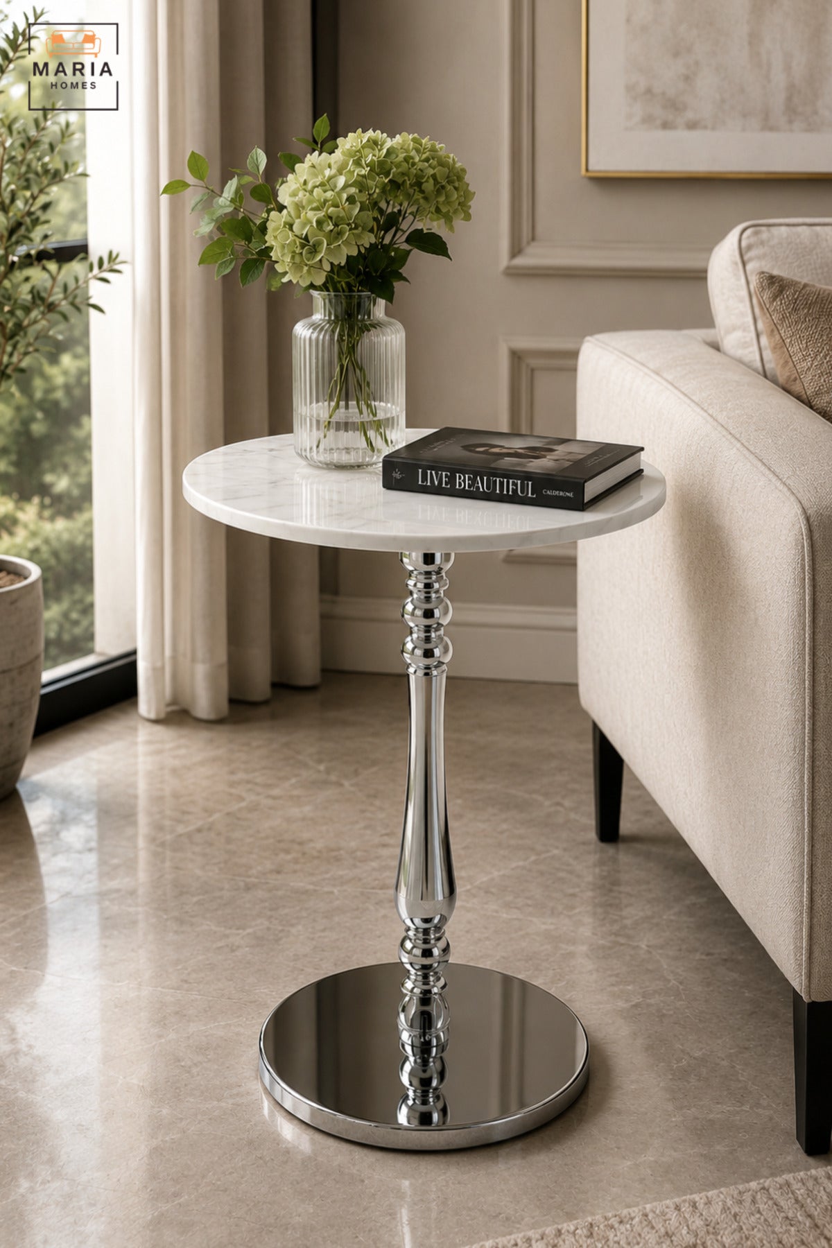 Modern Round Side Table with White Marble Top, Polished Silver Pedestal & Mirrored Base, Luxury Accent End Table for Living Room Bedroom Sofa Lounge