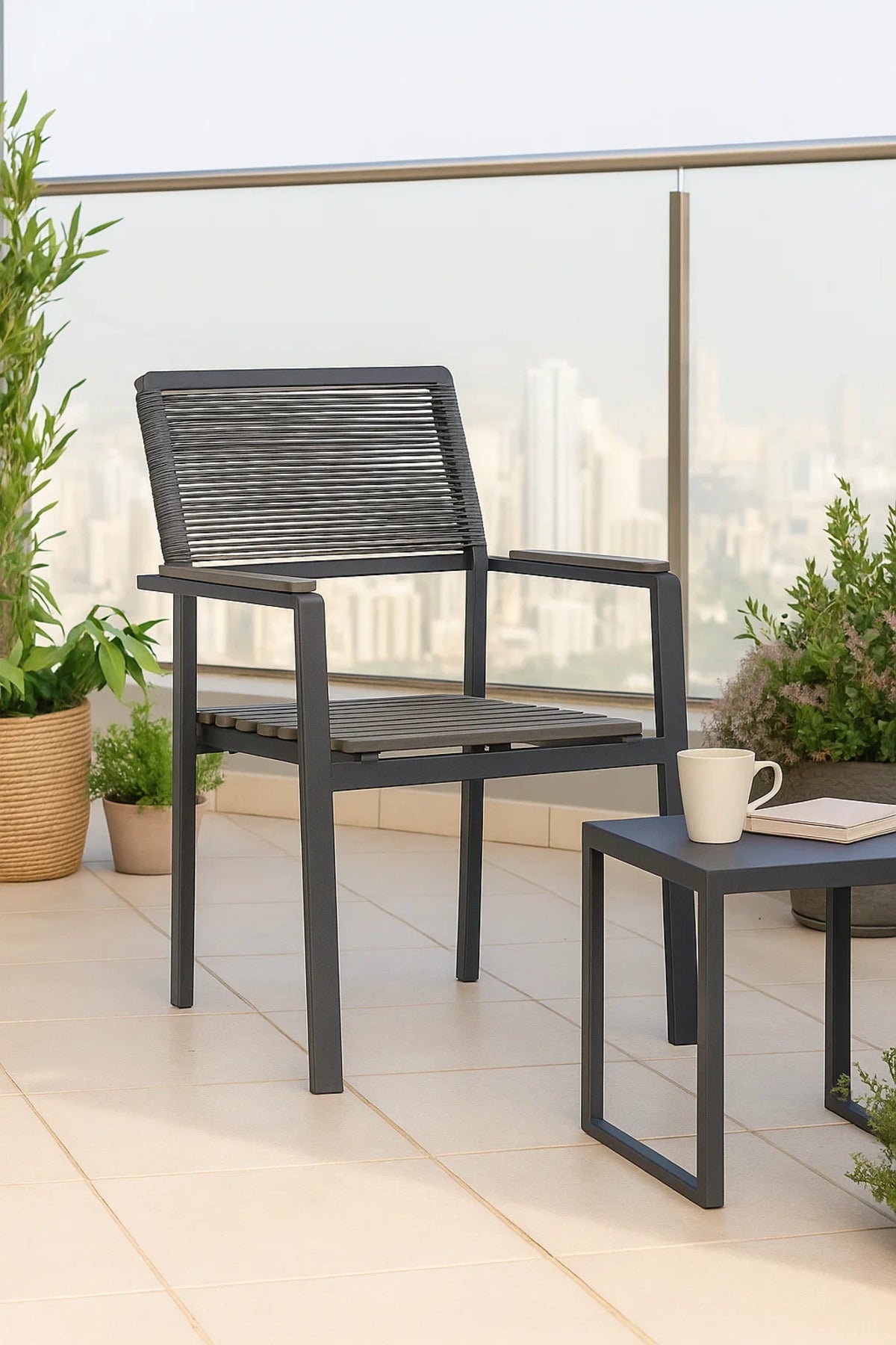 Outdoor Dining Chair with Armrest Weather Resistant Metal Frame Modern Patio Garden Chair Grey