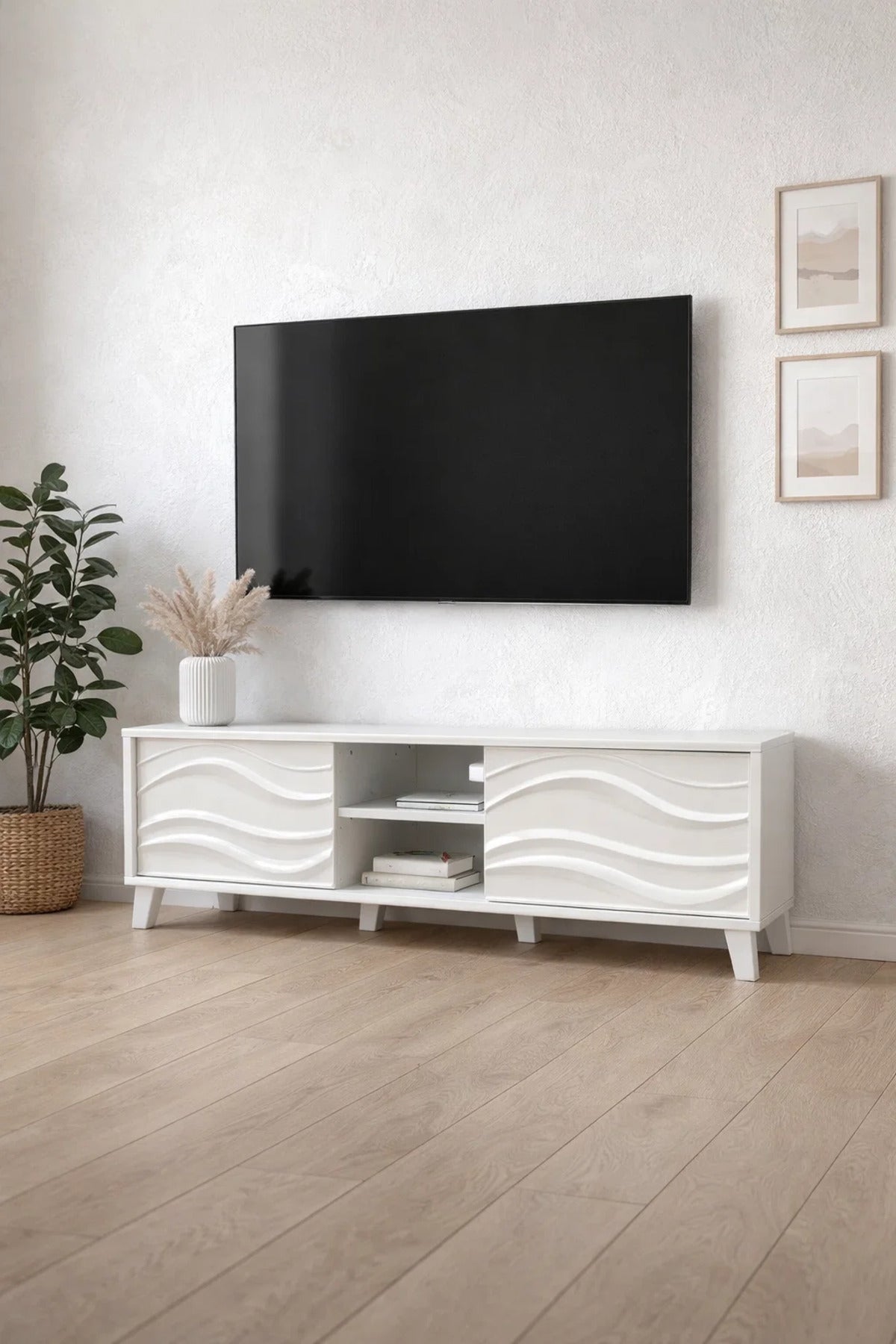 Elegant White TV Console 180cm Media Unit with Wavy Cabinet Doors and Open Shelves for Home