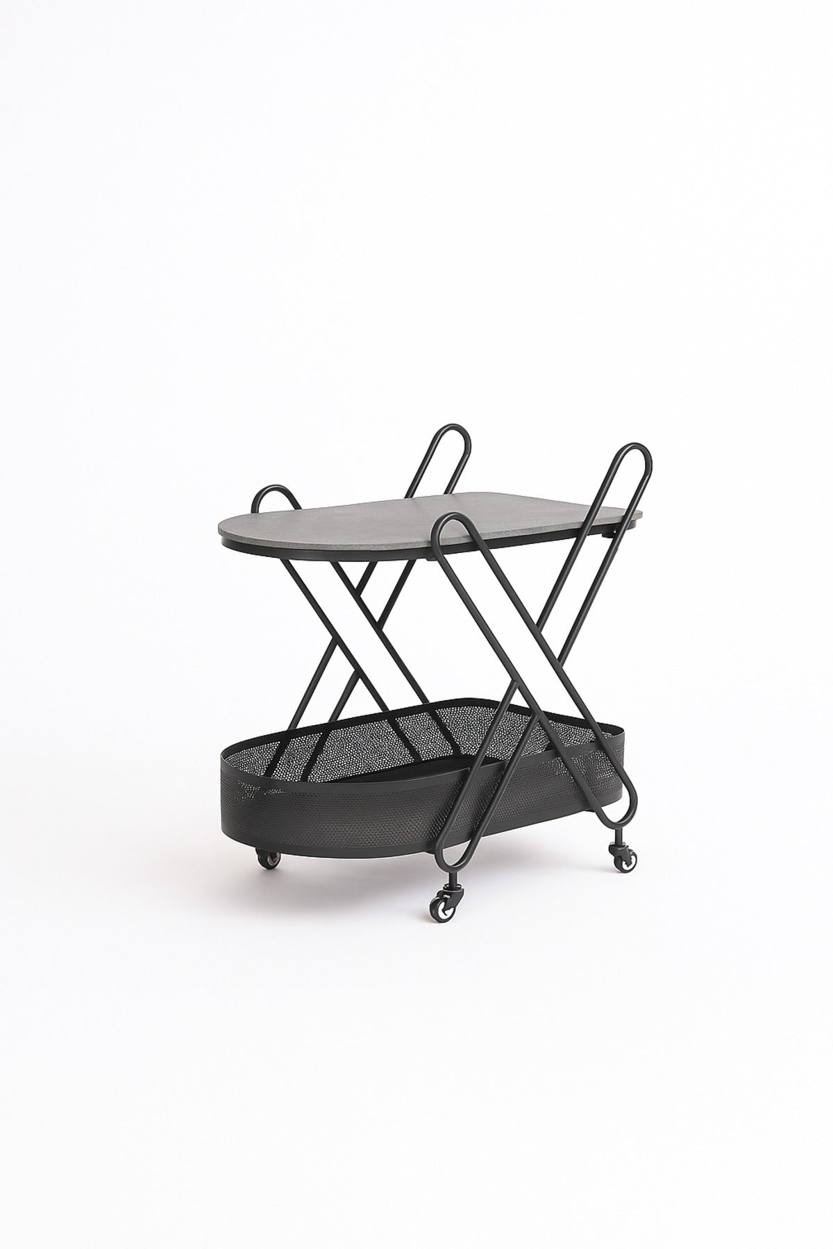 Gray Metal Serving Trolley Ð 2-Tier Industrial Bar Cart with Mesh Basket & Wheels 70_44_85 cm