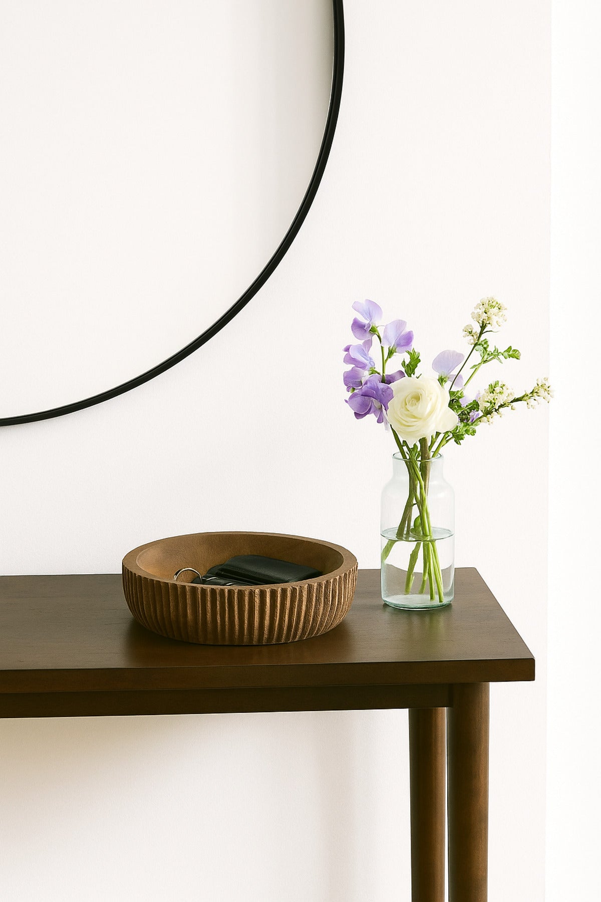 Walnut Wooden Ribbed Decorative Bowl Ð Modern Table Centerpiece