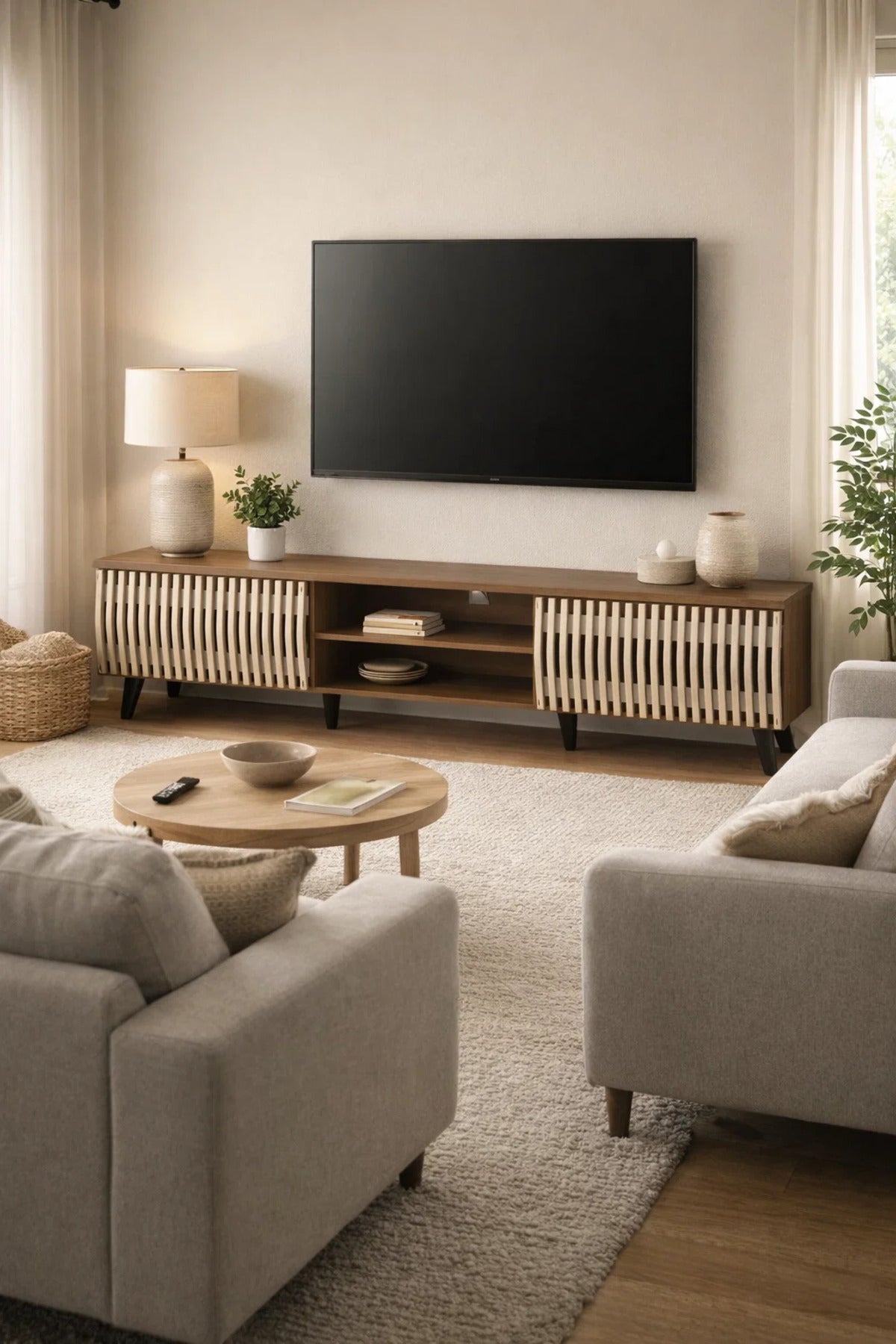 Modern Wooden TV Stand Dark Brown with Beige Slatted Design 180 x 40 x 43 cm