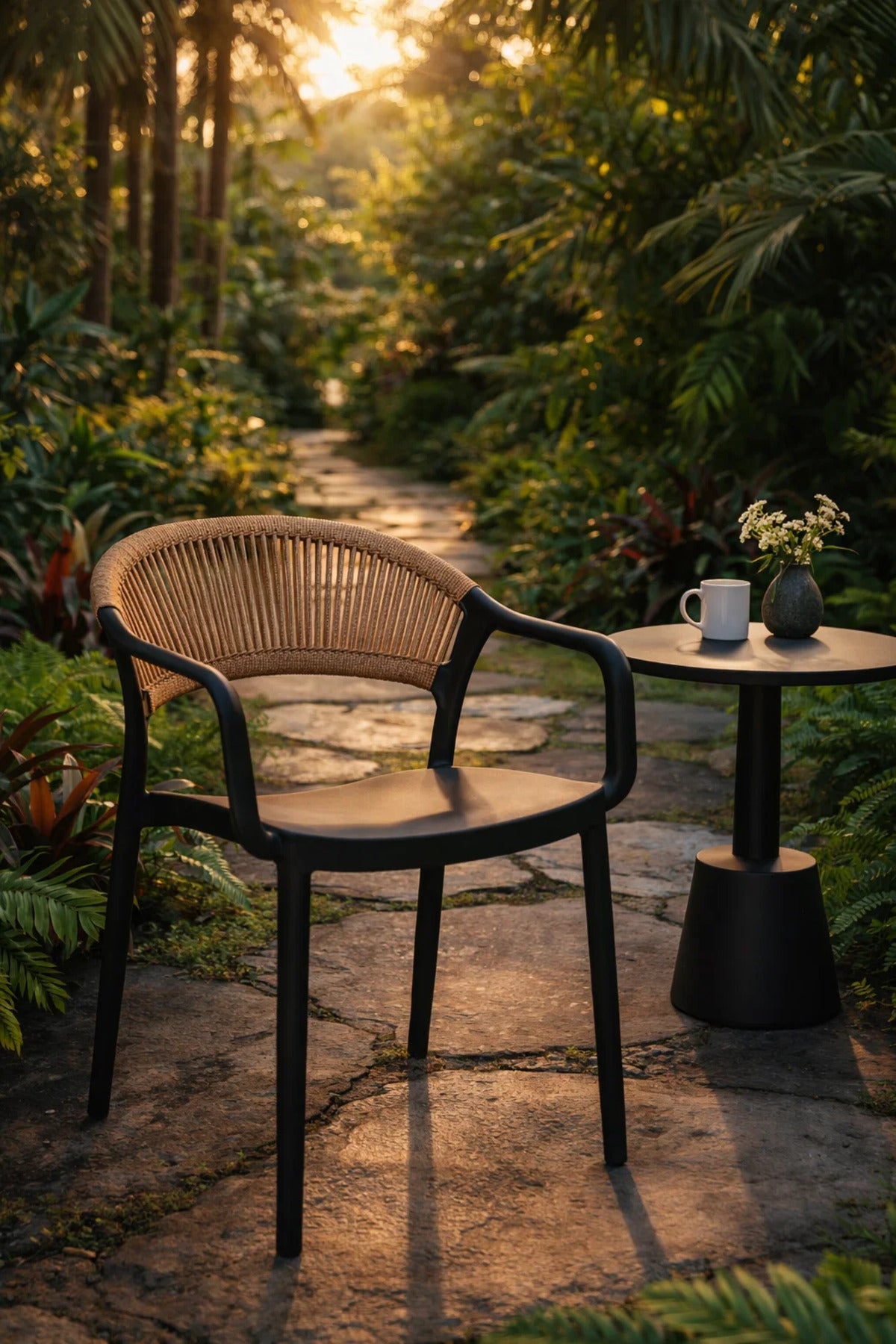 Modern Black Dining Chair with Brown Rattan Back and Armrests for Indoor Outdoor Use