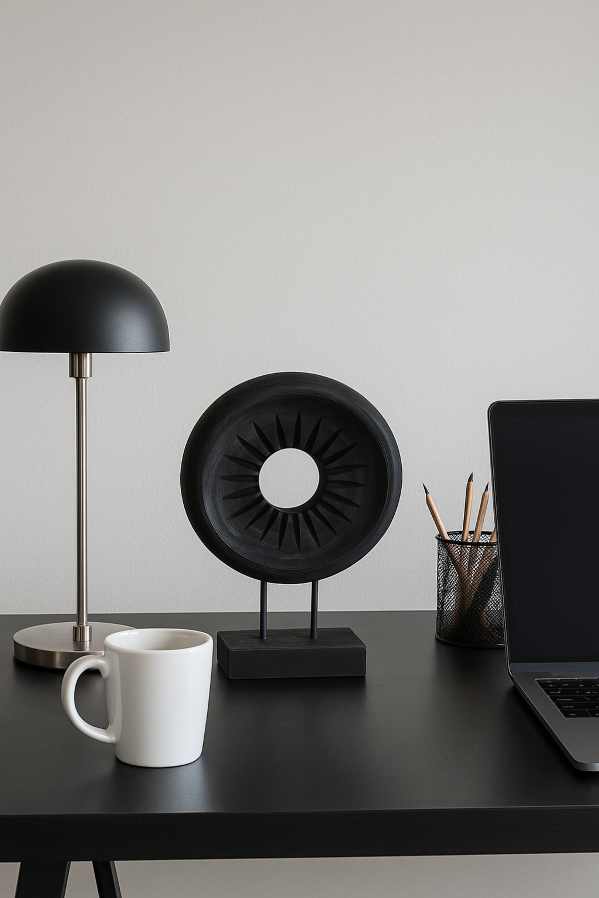 Black Wooden Round Decorative Sculpture on Stand Ð Modern Home Accent