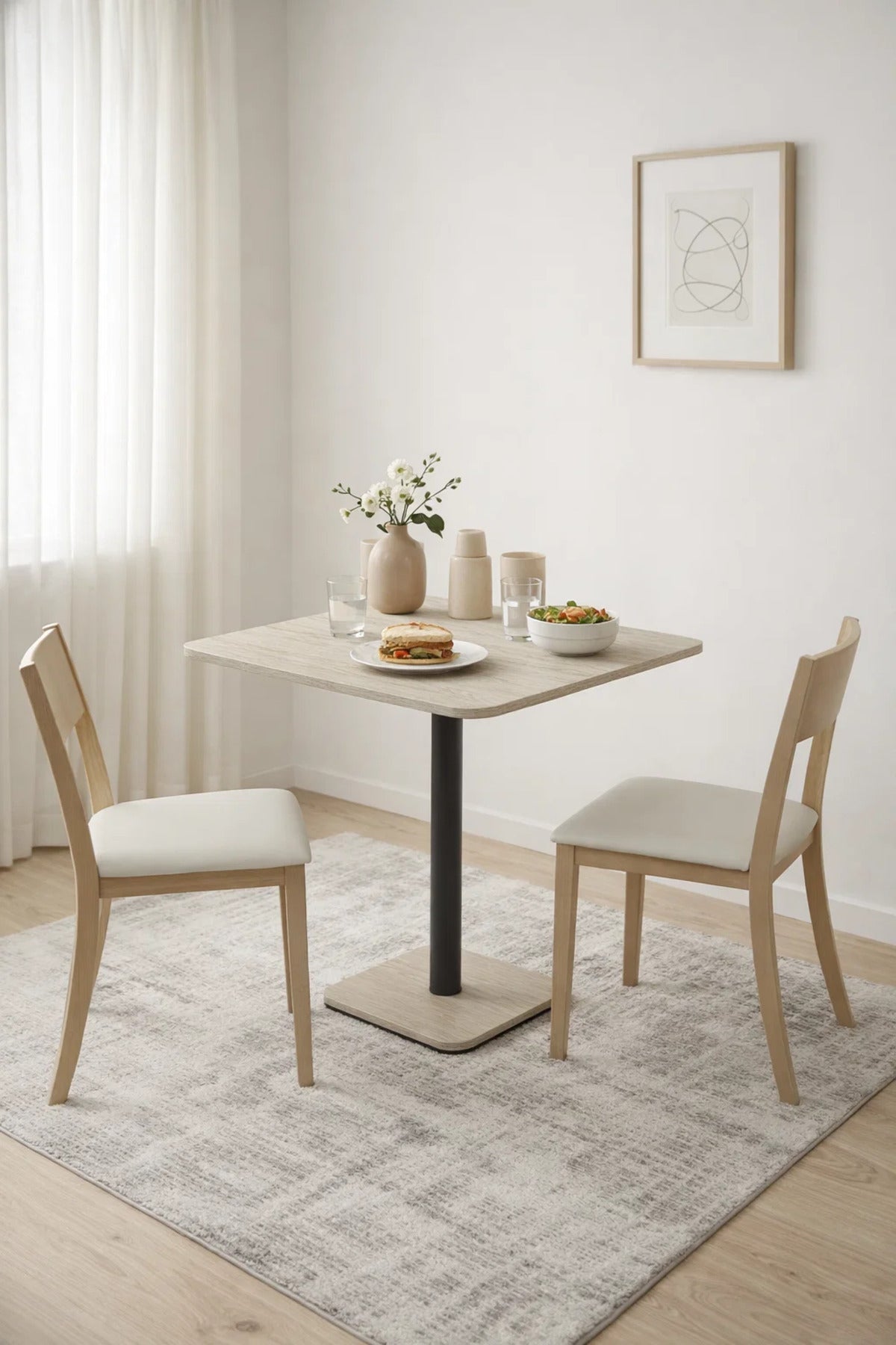 Beige Square Melamine Dining Table Black Metal Leg 70cm Modern Compact Cafe Restaurant Bistro
