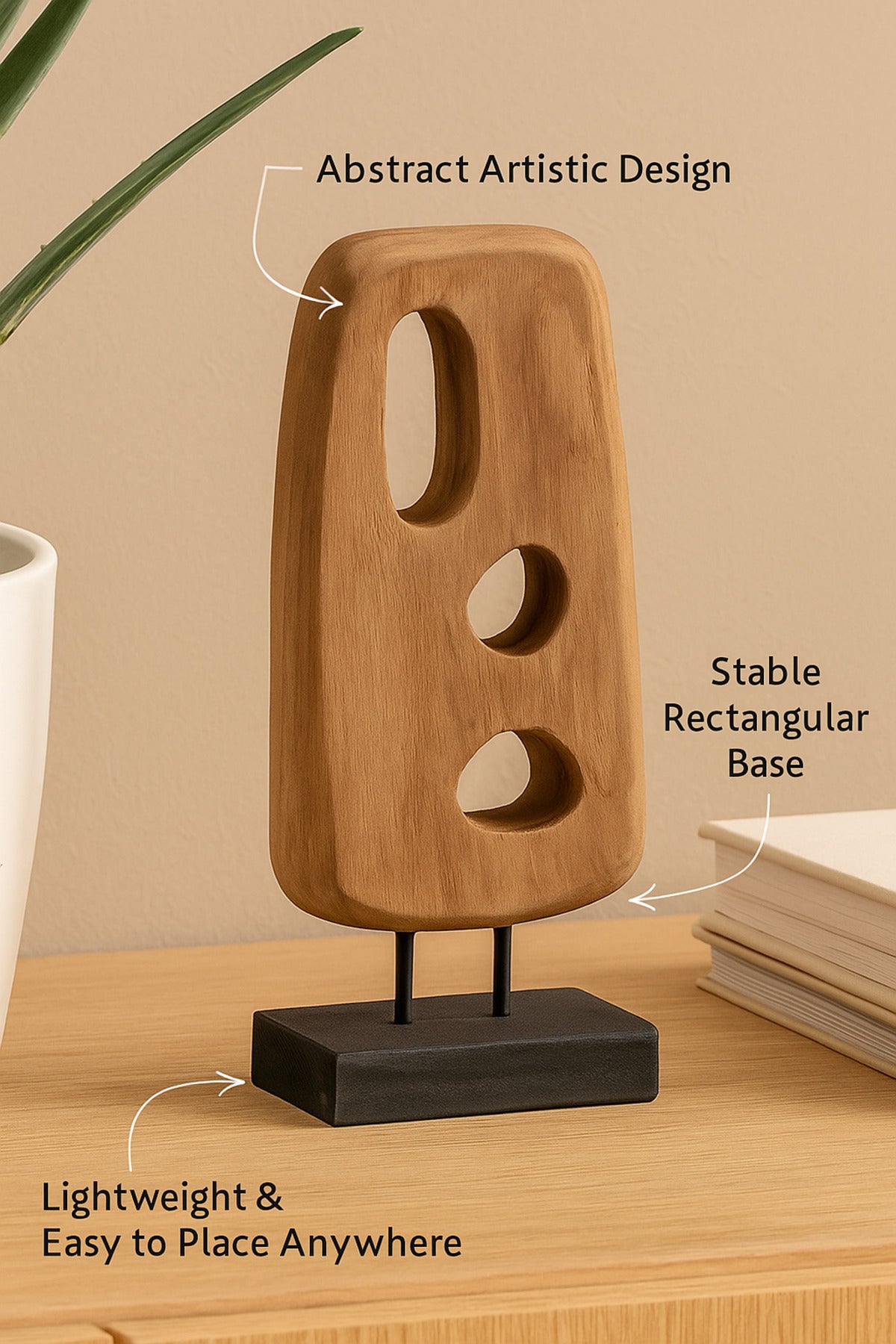 Walnut and Black Wooden Abstract Cut-Out Sculpture on Stand Ð Modern Decorative Accent