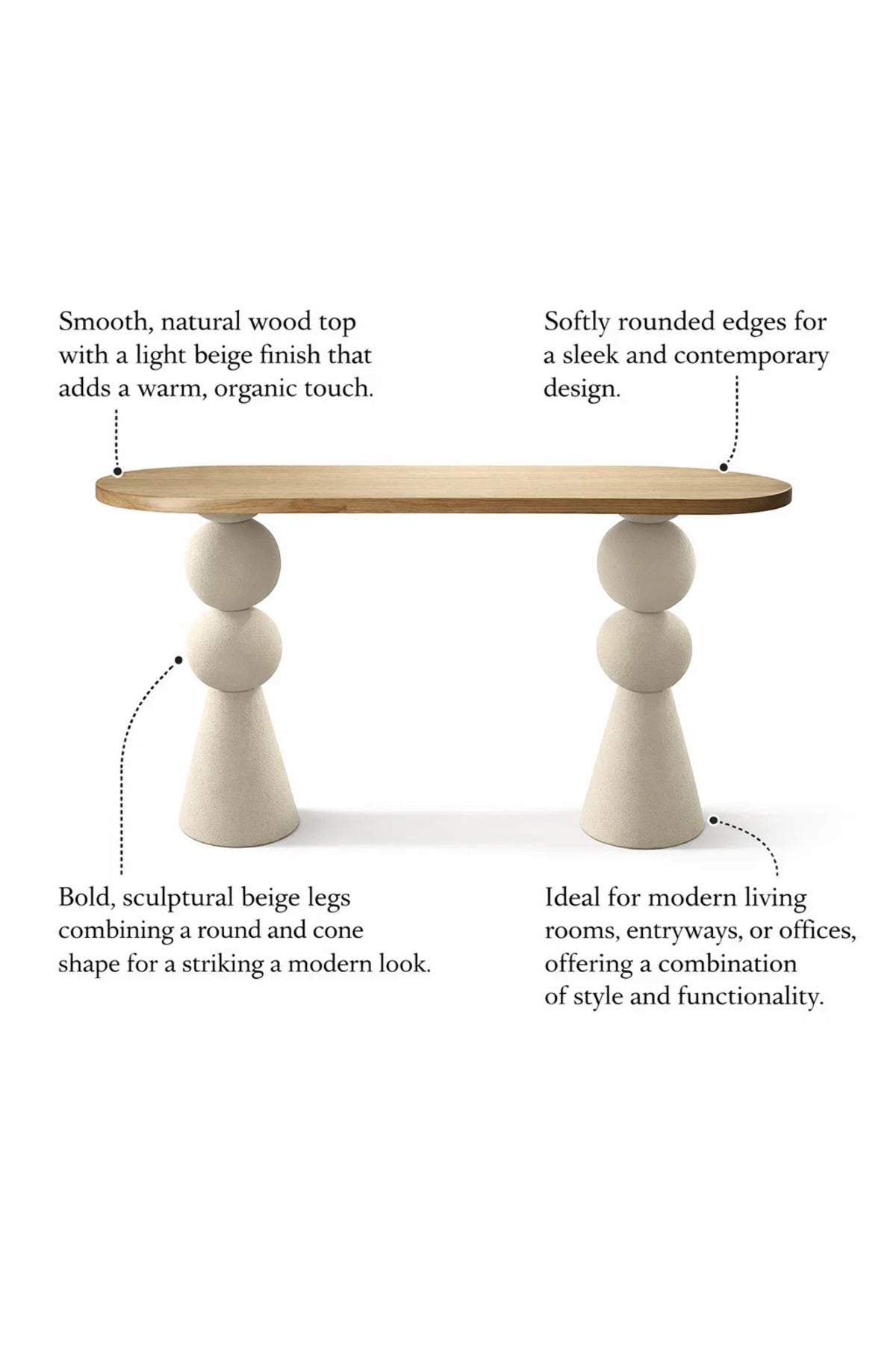 Sculptural Beige and Wood Console Table Modern Entryway Furniture for Hallway Living Room Decor