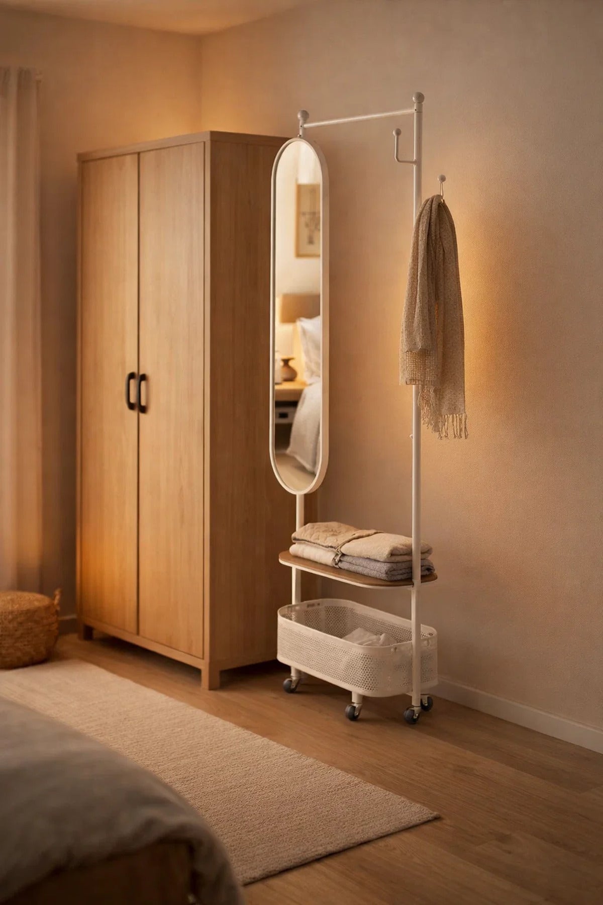 Multifunctional Rolling Coat Rack Stand with Oval Mirror and Storage Basket for Dressing Room White
