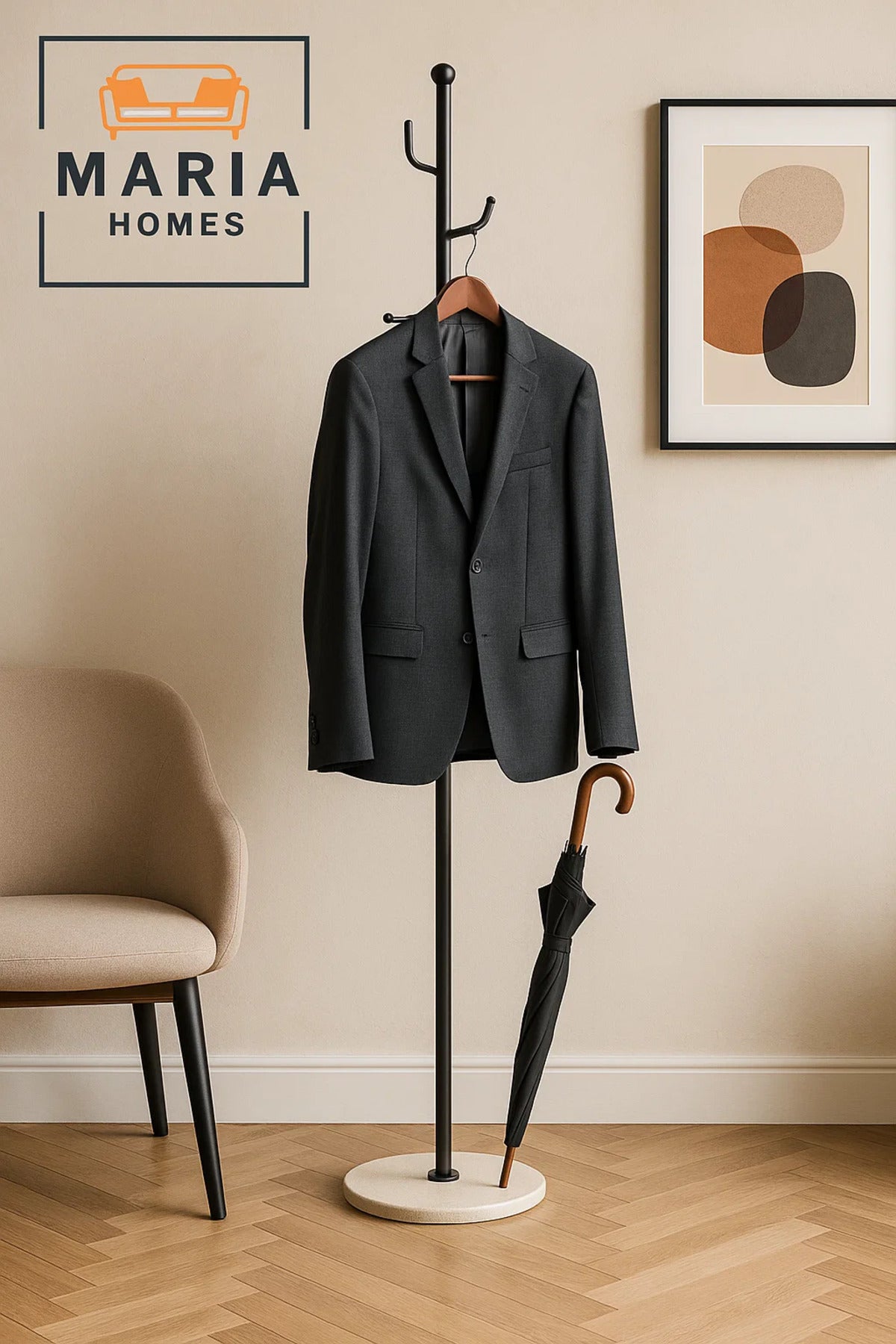 Black Metal Coat Rack with Hooks and Round Marble Base