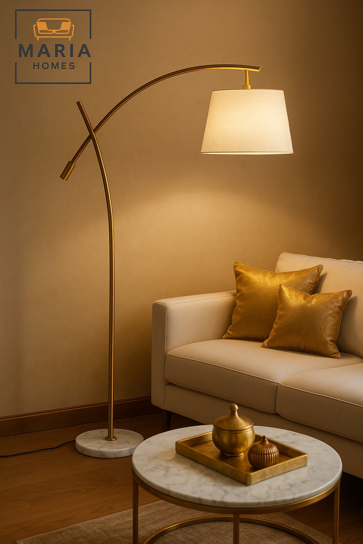 Modern Gold Floor Lamp with White Fabric Shade Ð Elegant Standing Light