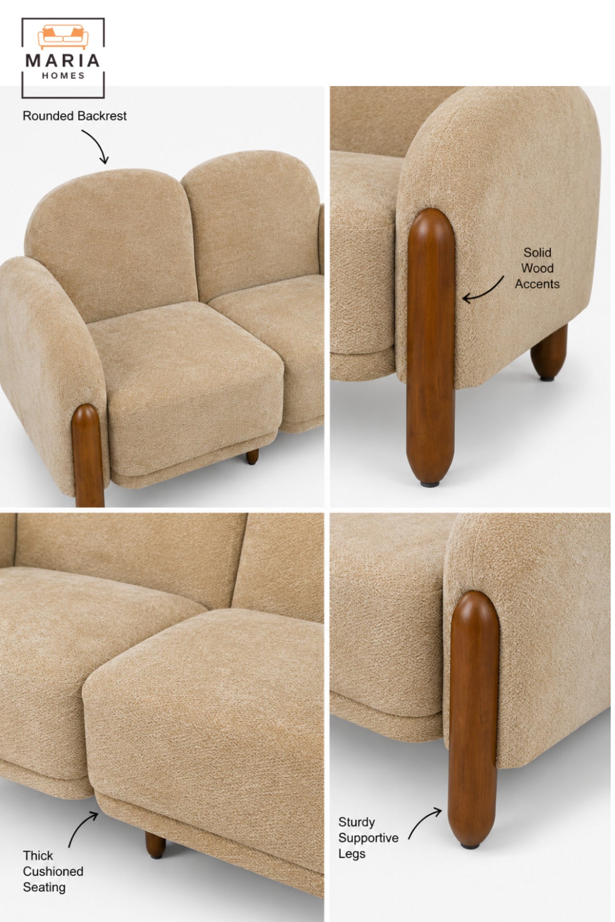 Modern 2 Seater Upholstered Sofa with Curved Armrests, Padded Cushions, Rounded Backrest and Wooden Legs for Living Room, Lounge and Bedroom