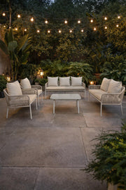Elegant 7-Piece White and Beige Outdoor Sofa Set with Coffee Table √ê Modern Seating for Any Space
