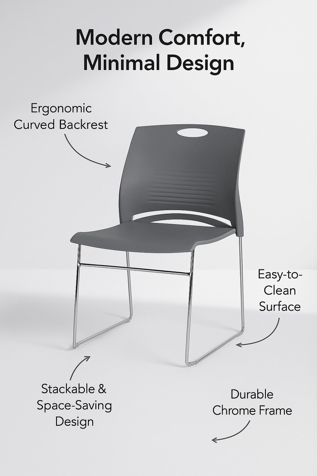 Gray Plastic Chair Ð Modern Stackable Chair with Chrome Metal Legs for Office, Conference & Home Use