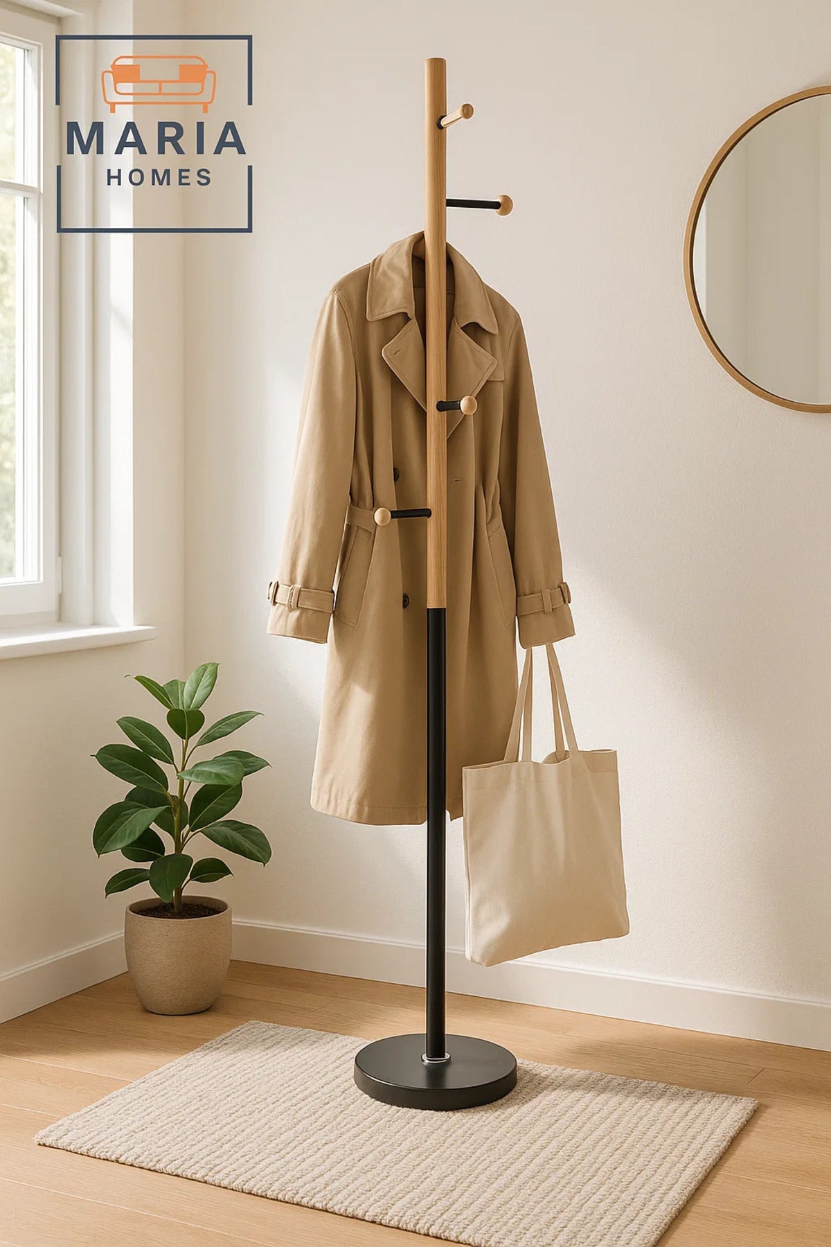 Contemporary Wooden Coat Rack with Black Metal Base and Side Hooks