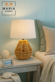 Coastal Style Rattan Table Lamp with Fabric Shade for Bedroom or Beach House Decor
