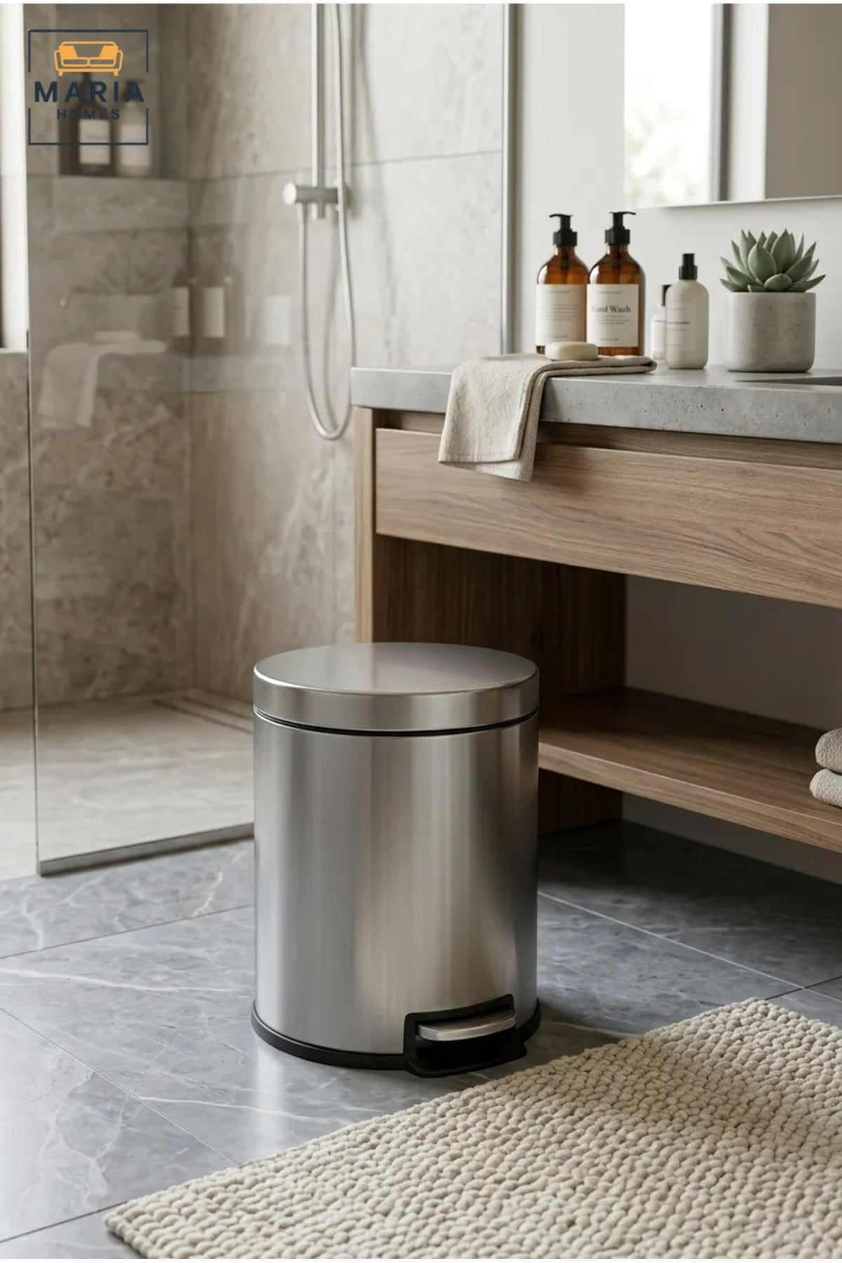 Compact Stainless Steel Round Pedal Trash Bin with Lid, Small Hands-Free Waste Container for Bathroom, Bedroom, Office, Vanity and Hotel