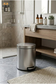 Compact Stainless Steel Round Pedal Trash Bin with Lid, Small Hands-Free Waste Container for Bathroom, Bedroom, Office, Vanity and Hotel