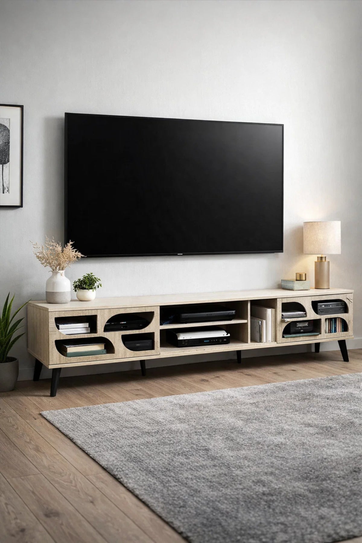 Beige TV Table 200_40_45 cm √ê Modern TV Stand with Decorative Doors
