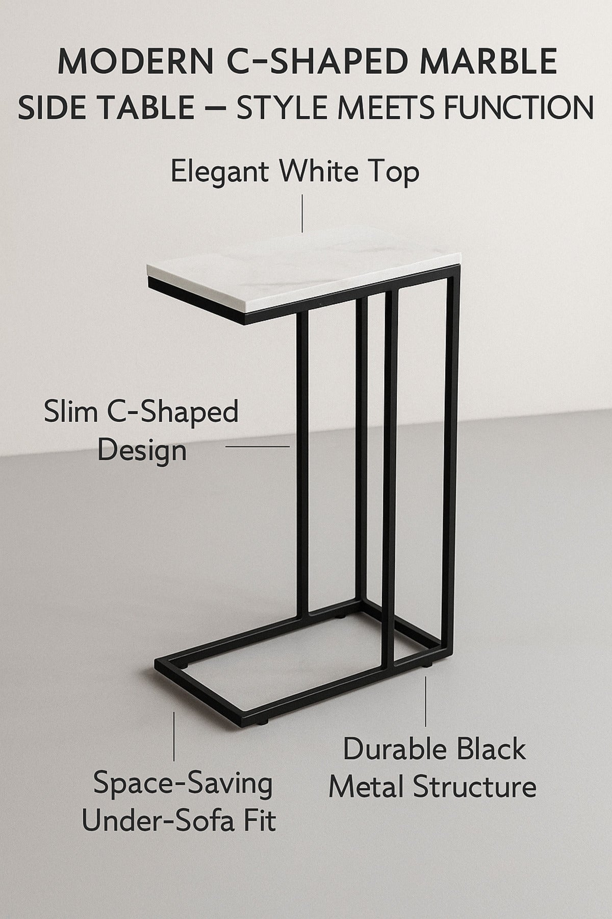Slim C-Shaped Side Table with Black Metal Frame Ð Modern Sofa Snack Table for Living Room